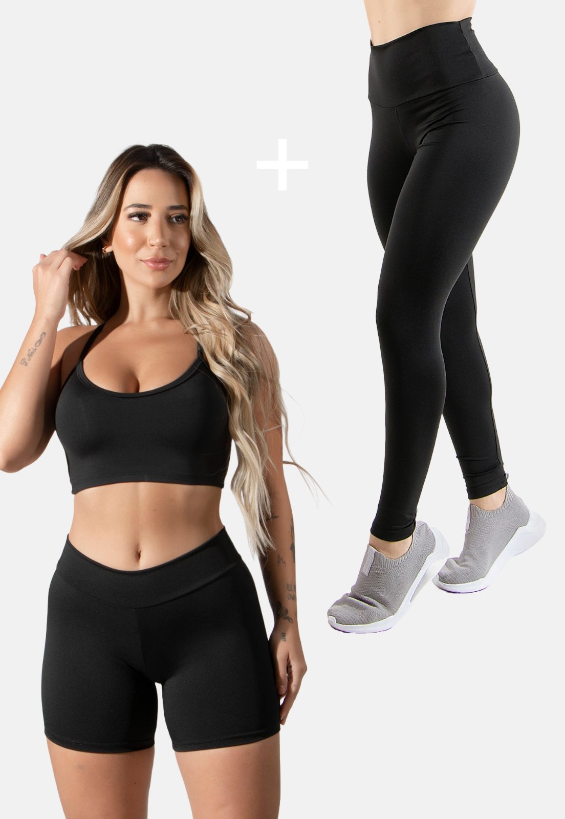 Kit Básico Fitness Calça Legging, Shortinho e Top de Academia 4 Estações Preto