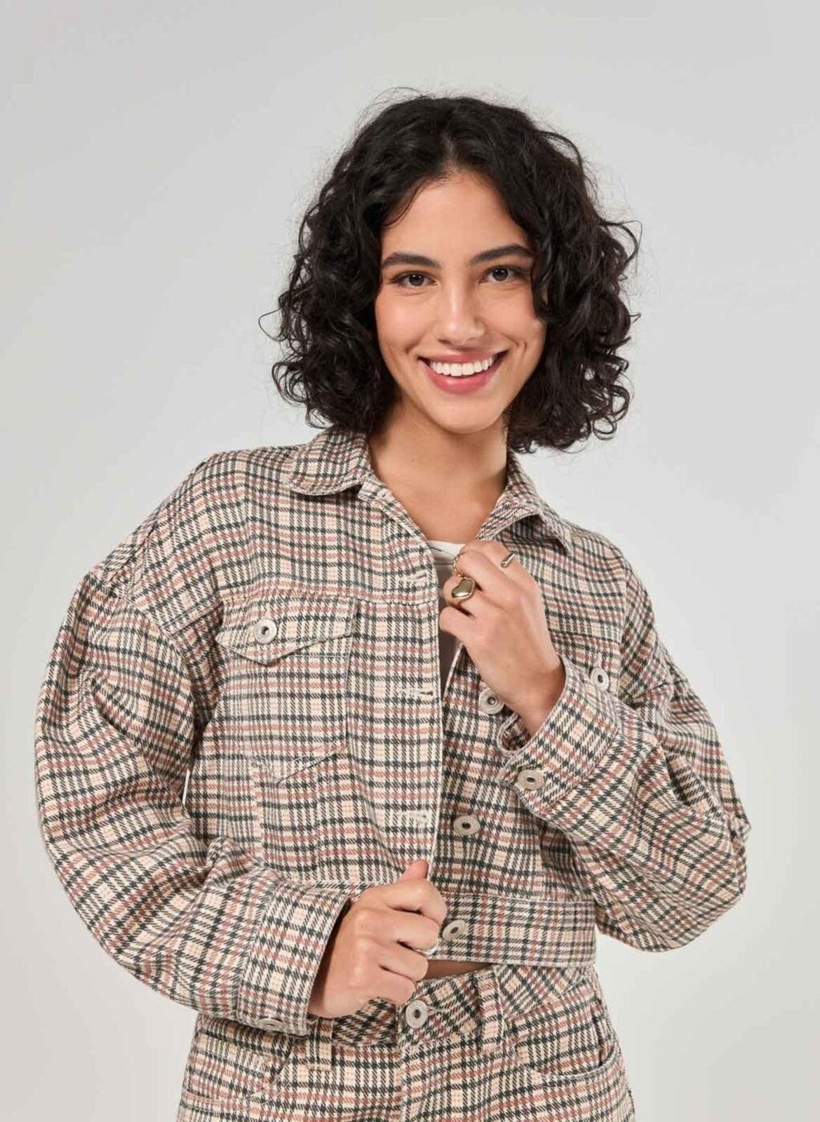 Jaqueta Cropped Sarja Xadrez