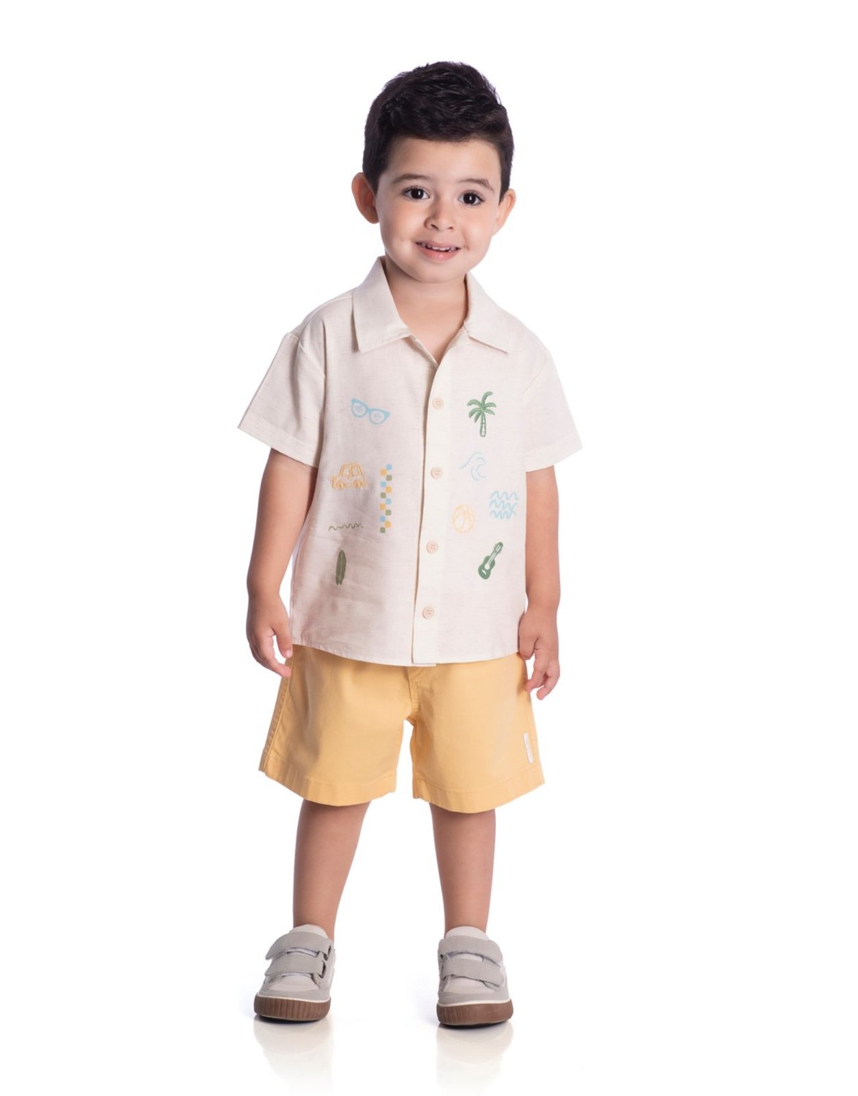 Infantil - Conjunto camisa linho bordada e bermuda sarja amarela