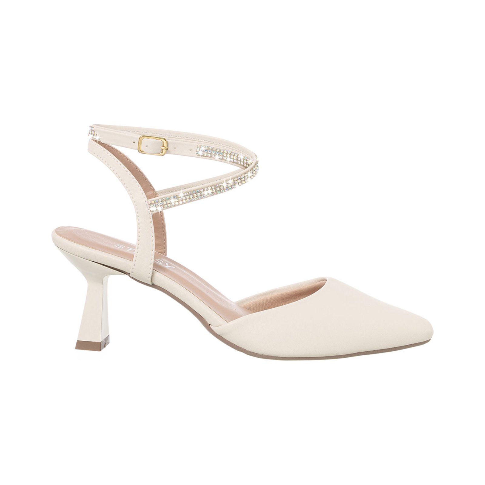Vista 3 Scarpin Feminino Salto Baixo Taça Brilho Bico Fino Elegante Off White Stessy Shoes off-white white Stessy Shoes off-white white