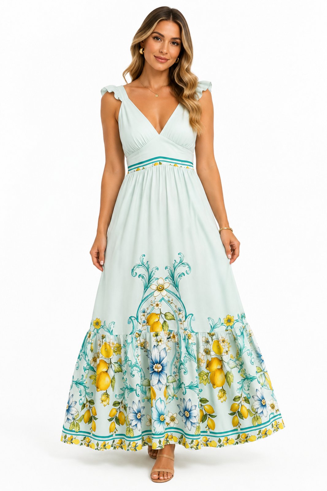 Vestido Longo D Bell Outlet Fashion Floral com Babado Amarração nas Costas Verde Menta Claro