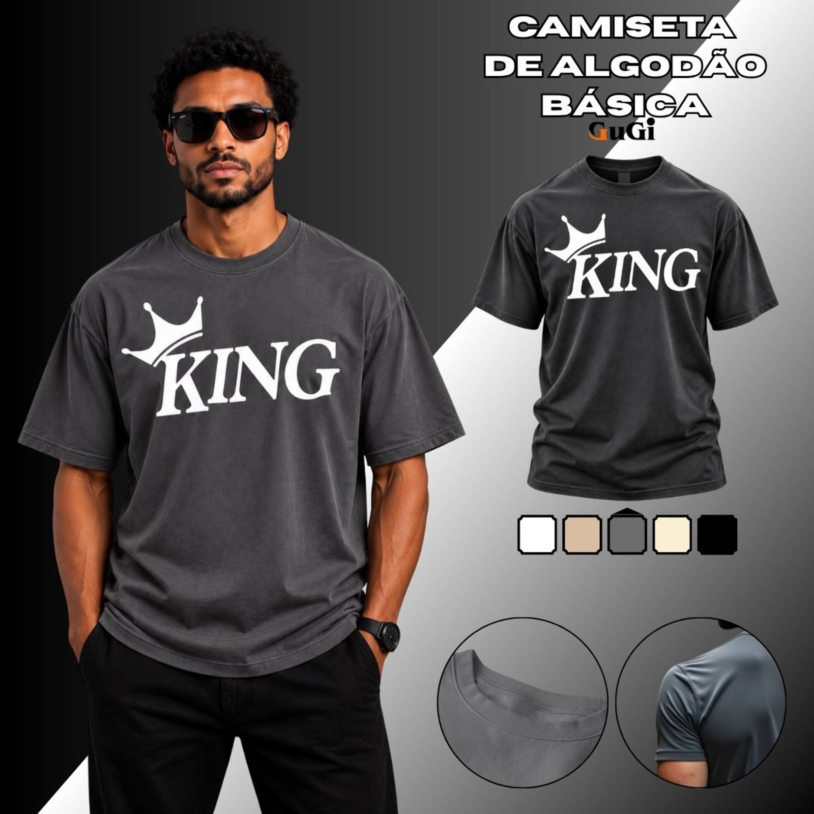 Camiseta Masculina Coroa King Streetwear 100% Algodão Chumbo