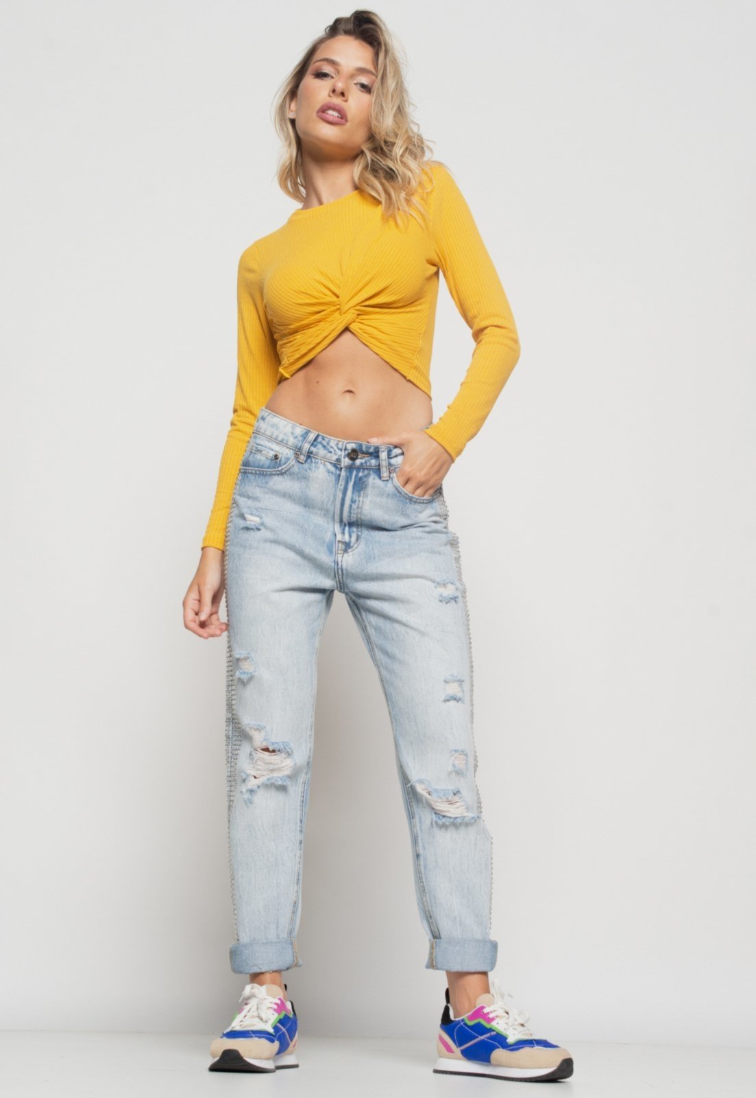 Vista 3 Cropped Salvatore Nó Manga Longa Canelada Mostarda Salvatore Fashion amarelo Salvatore Fashion amarelo