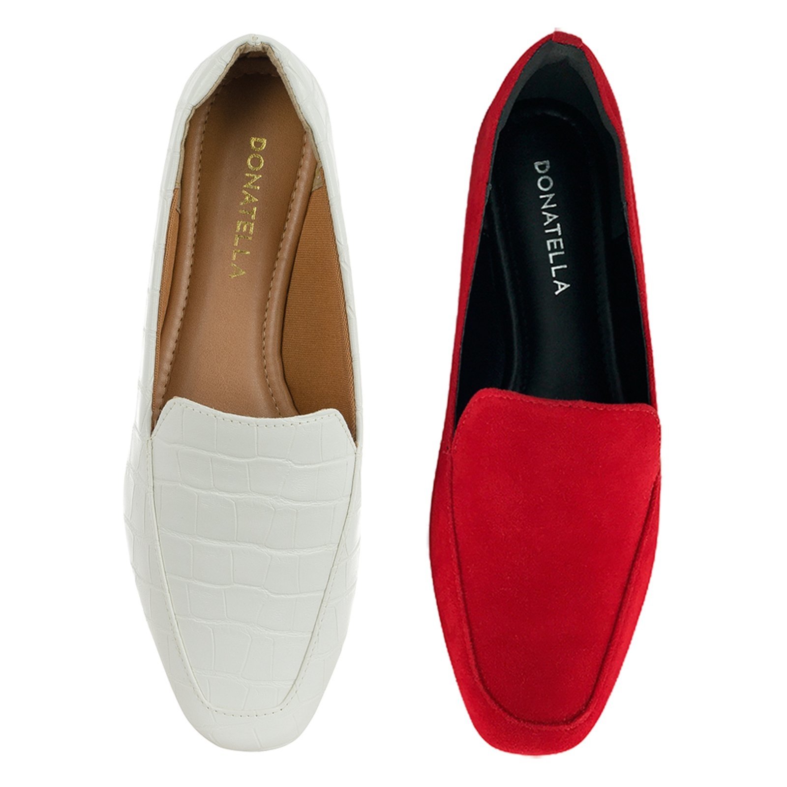 Kit 2 Pares Mocassim Feminino Donatella Shoes Vermelho Camurça e Branco Croco