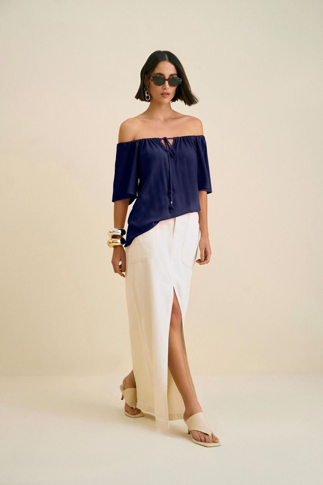 Blusa Morena Rosa Decote V Manga Curta Amarração Frente - Azul Marinho