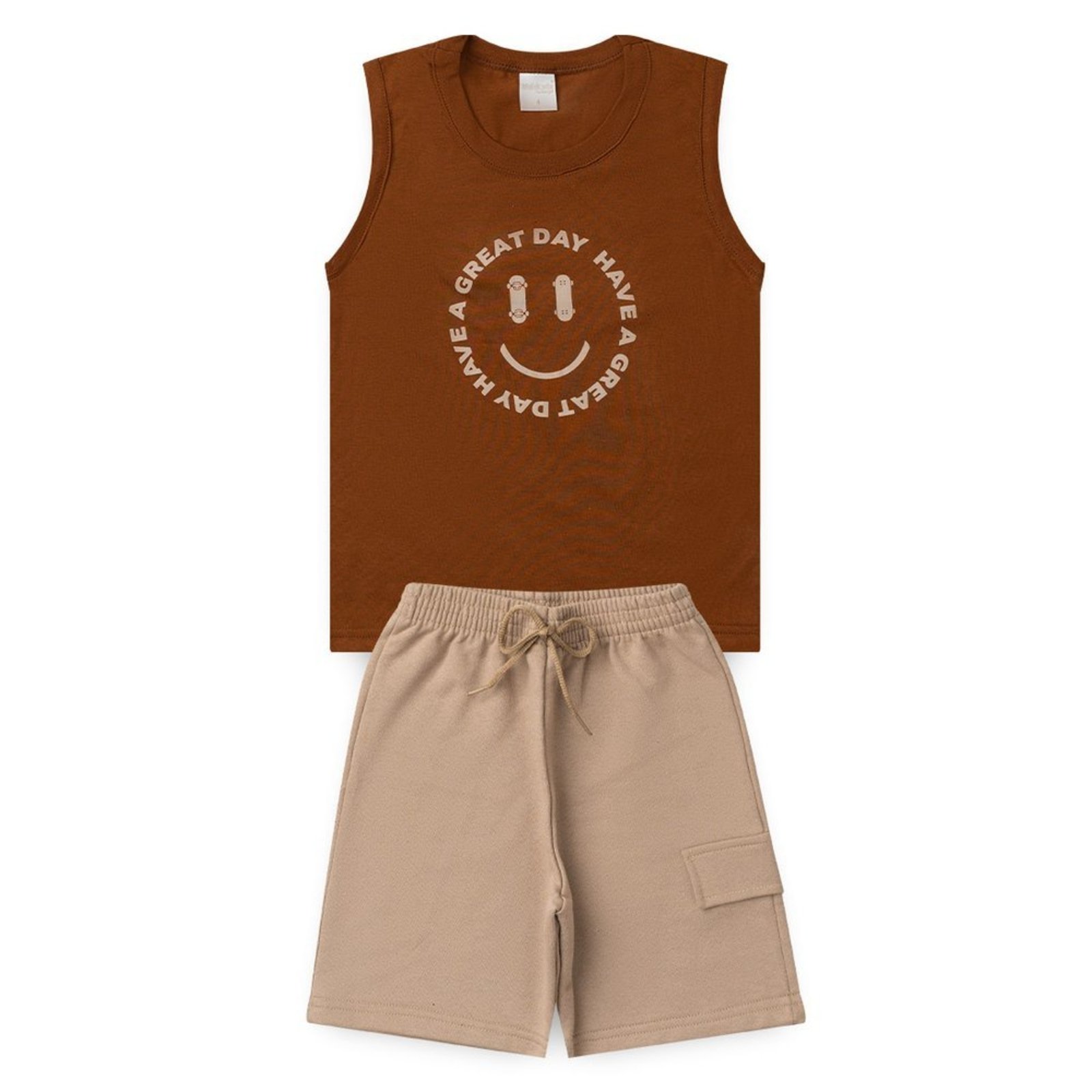 Infantil - Conjunto Verão Menino Marrom Regata e Bermuda com Bolso Skate Smile