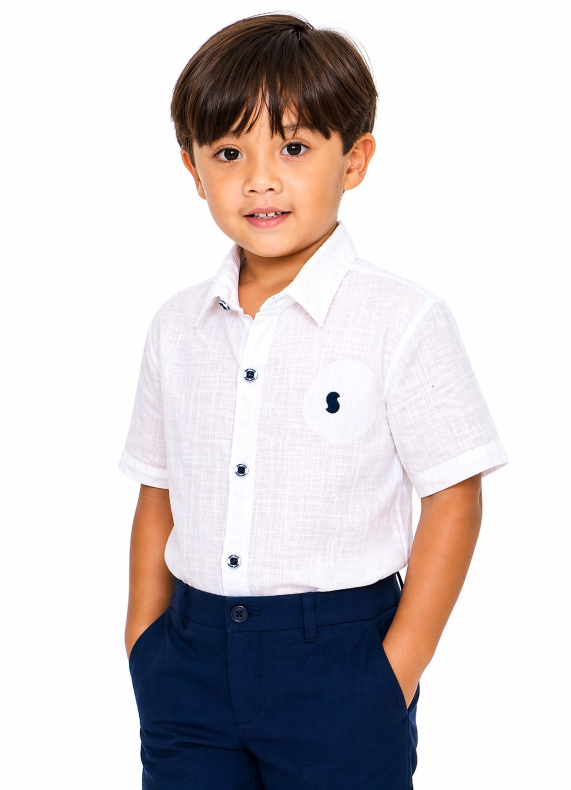 Infantil - Camisa Social Festa Manga Curta Detalhe Branco