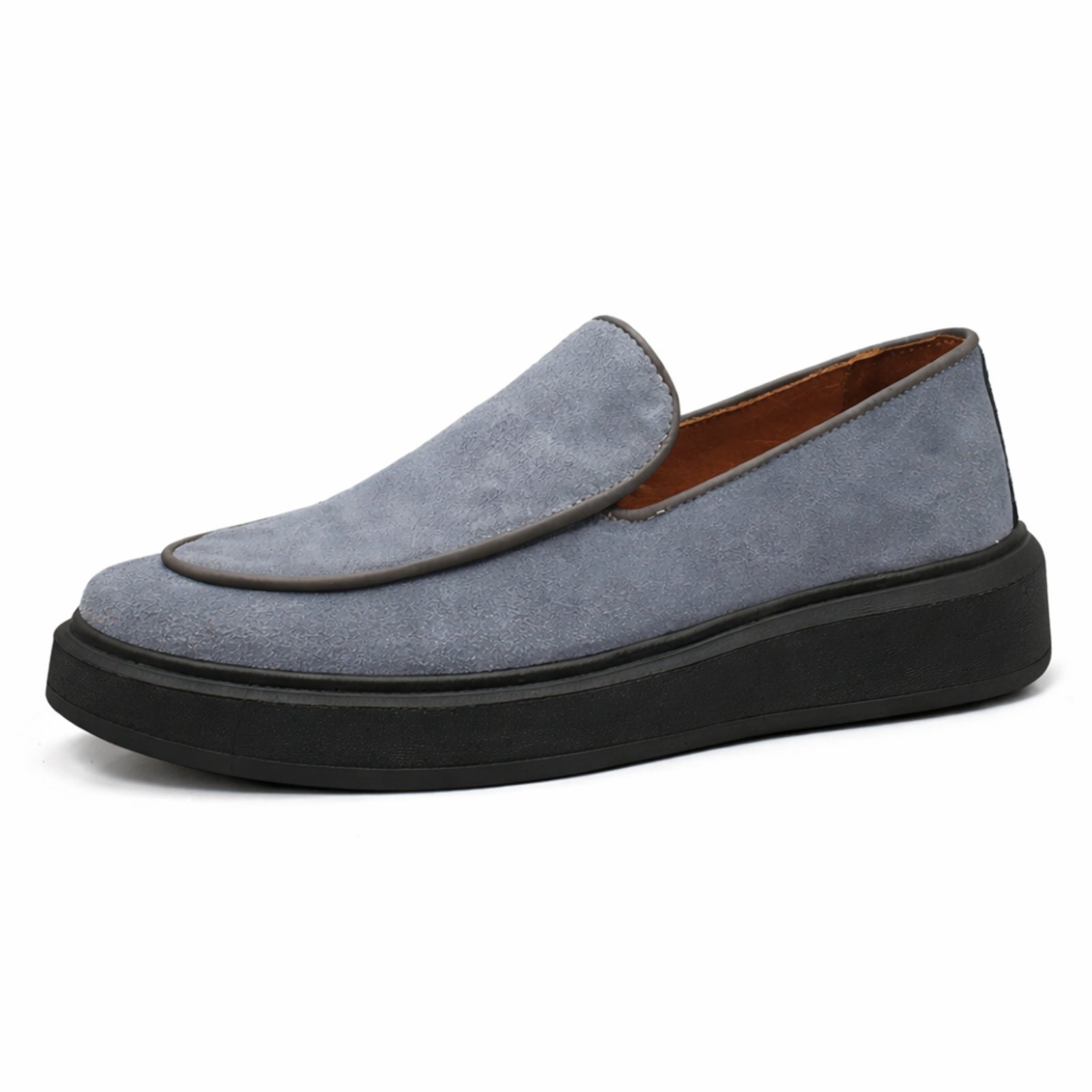 Loafer Masculino em Couro Forrado em Couro Sola Preta Com Palmilha em Couro Cinza