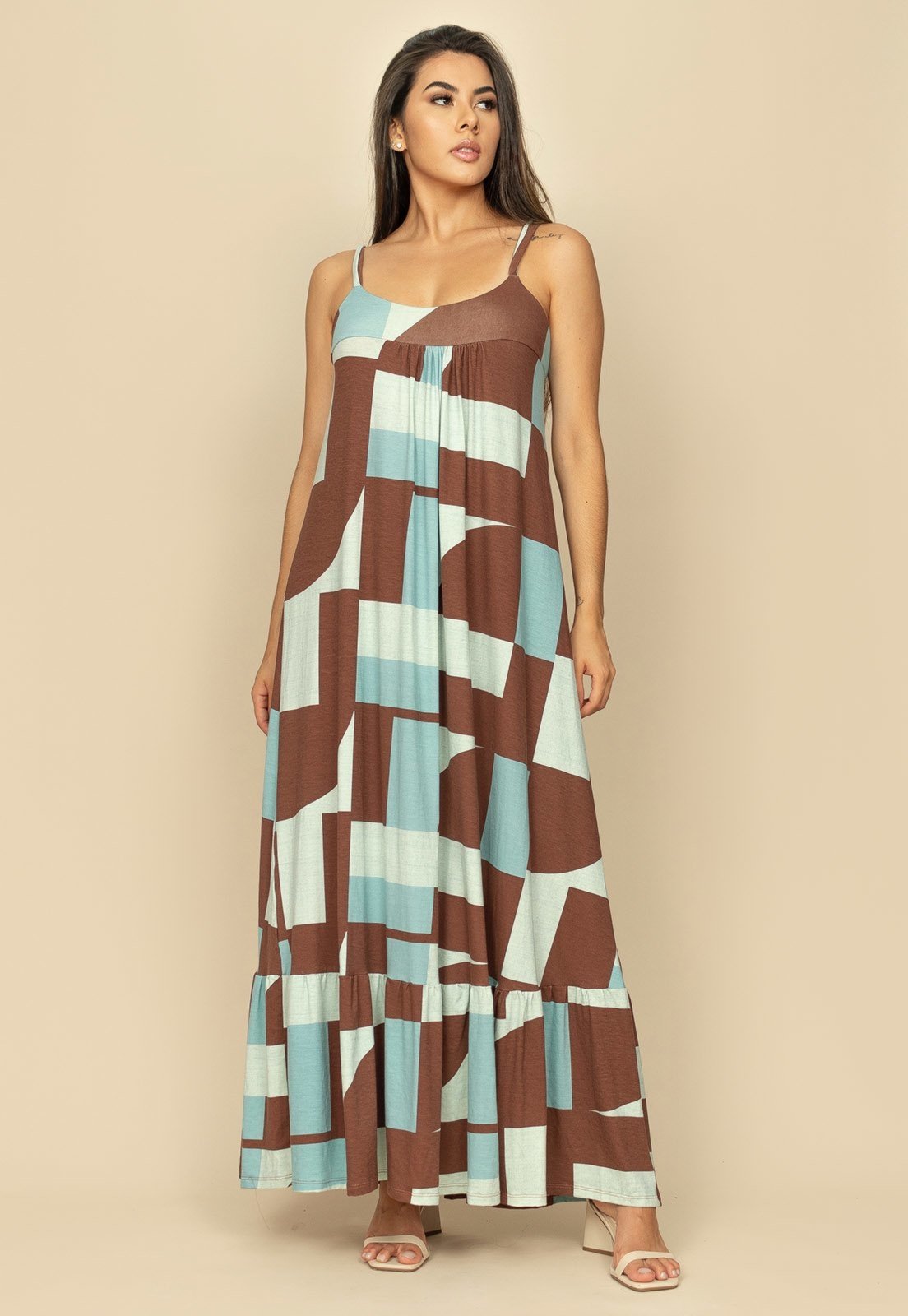 Vestido Longo Jataí Trapézio Malha Estampa Santa Rosa do Tocantins