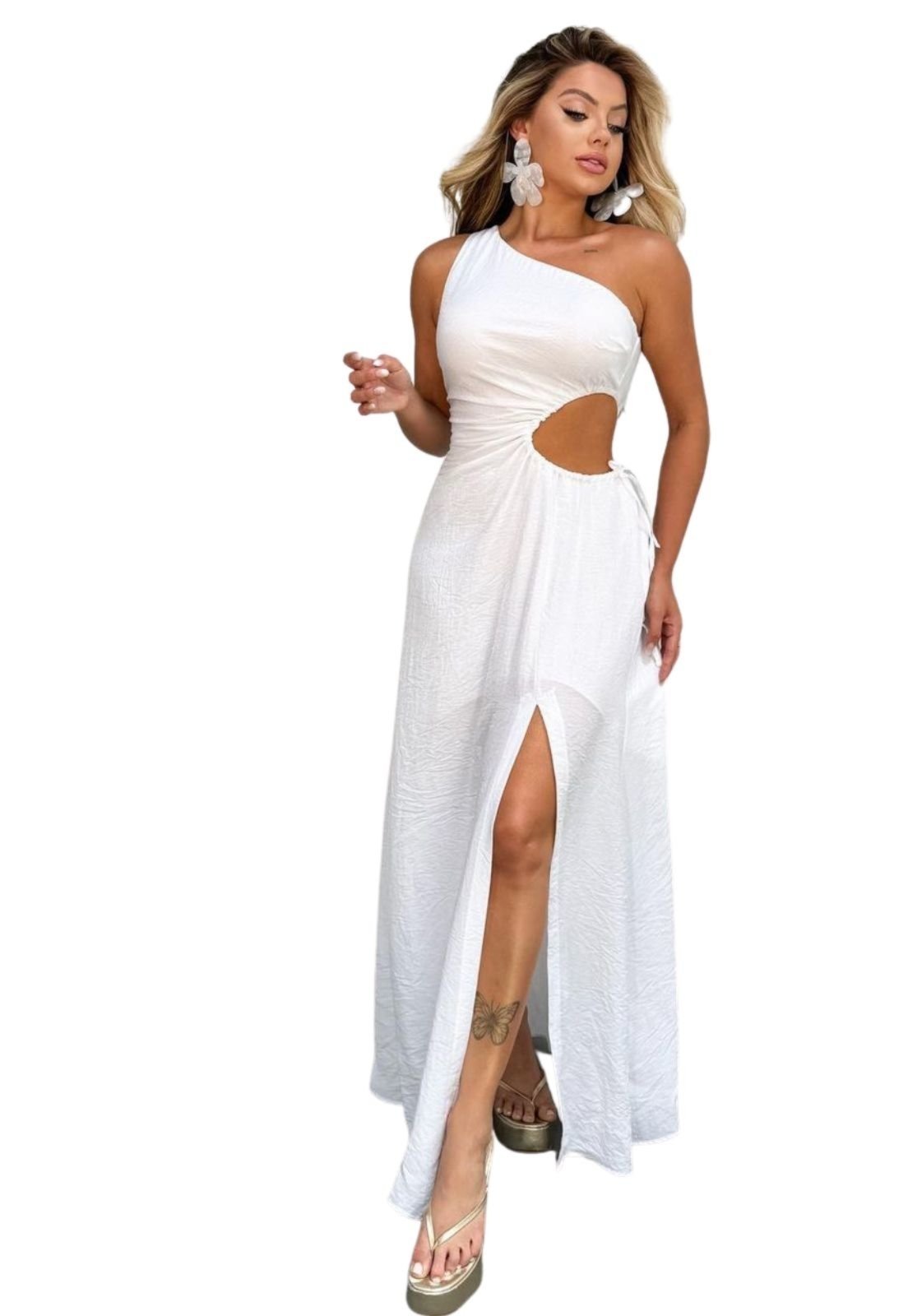 Vista 2 Vestido Longo 1 Ombro Abertura Lateral Yaly Noivado Casamento Civil Cia do Vestido branco Cia do Vestido branco