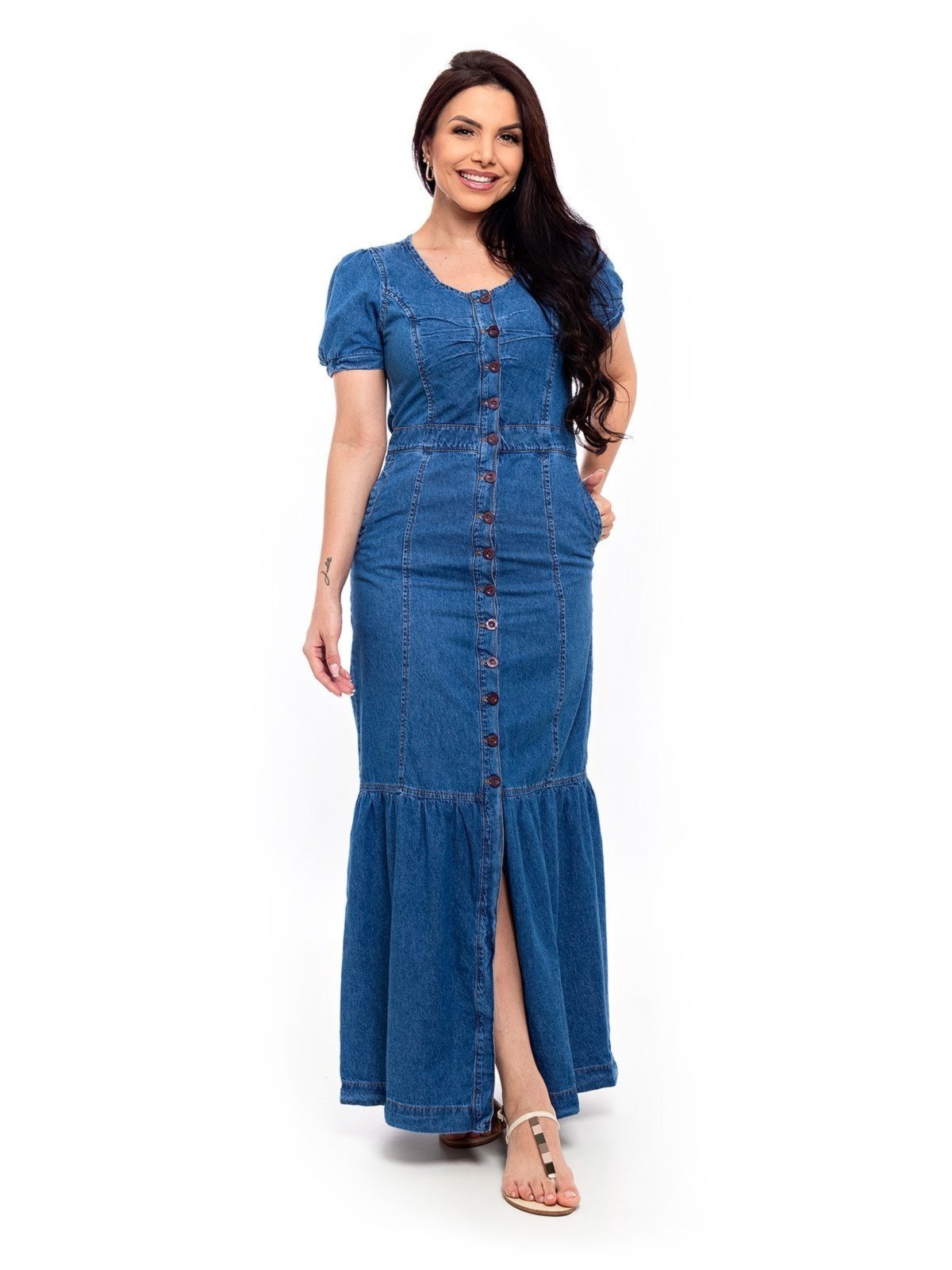 Vestido Restrito Jeans Longo Com Recortes – azul médio