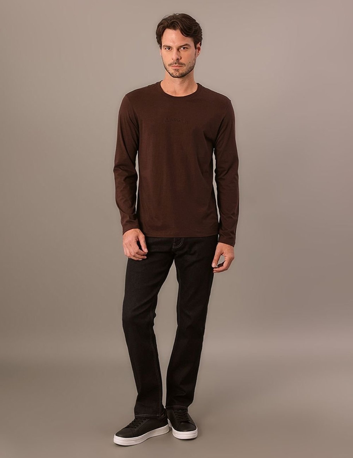 Camiseta Manga Longa Calvin Klein Masculino Calvin Klein Bordado - Marrom Calvin Klein Jeans