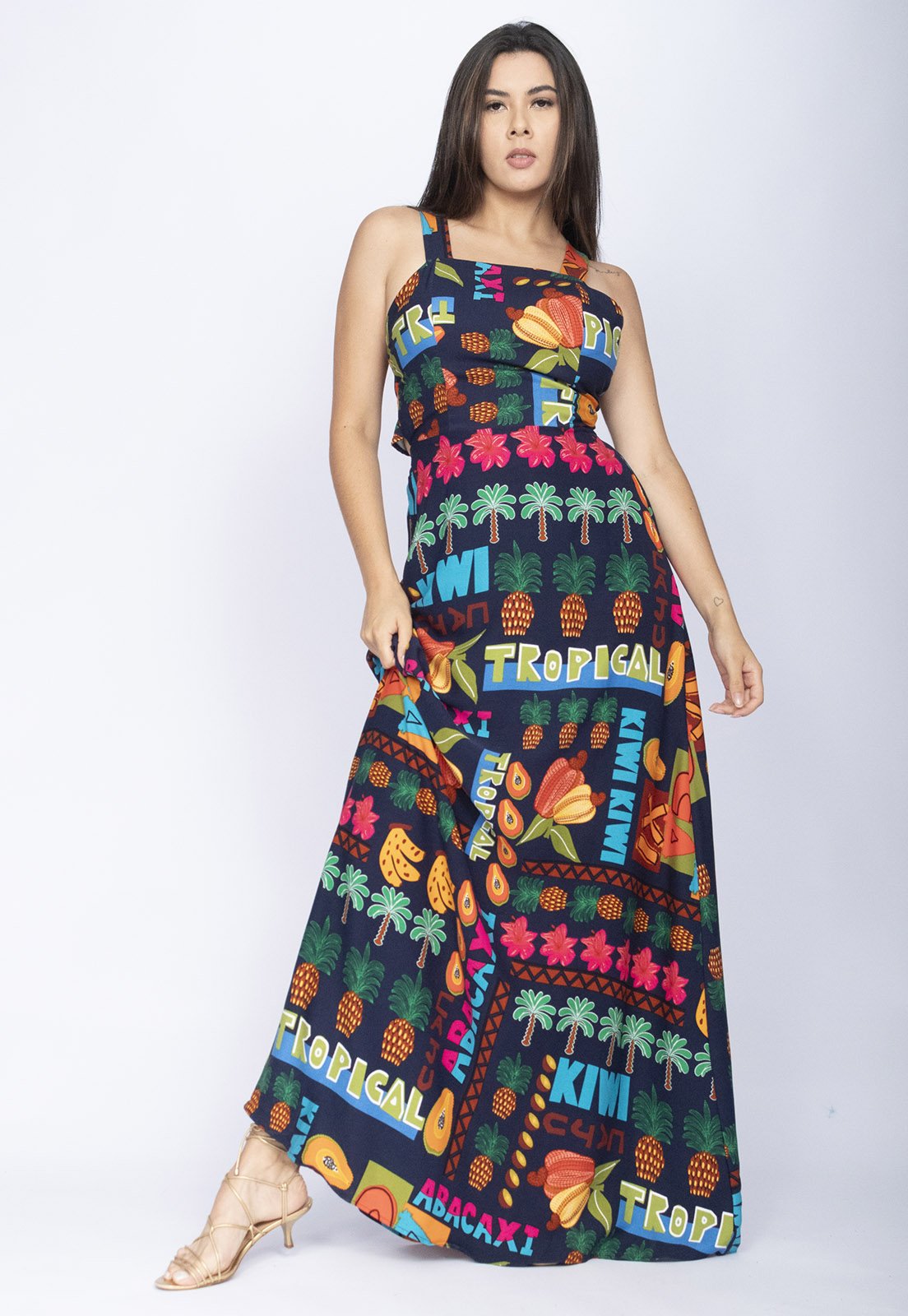 Vista 3 Vestido Amazônia Vital Regata Longo Estampa Frutas do Brasil Blue Amazonia Vital azul/estampado blue
