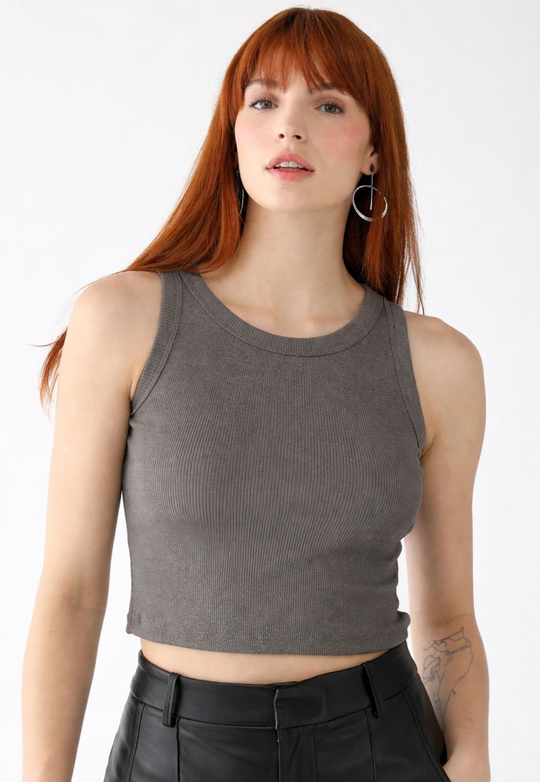 Cropped Regata Feminina 77VS Levosch Canelada Ribana Premium Cinza Chumbo