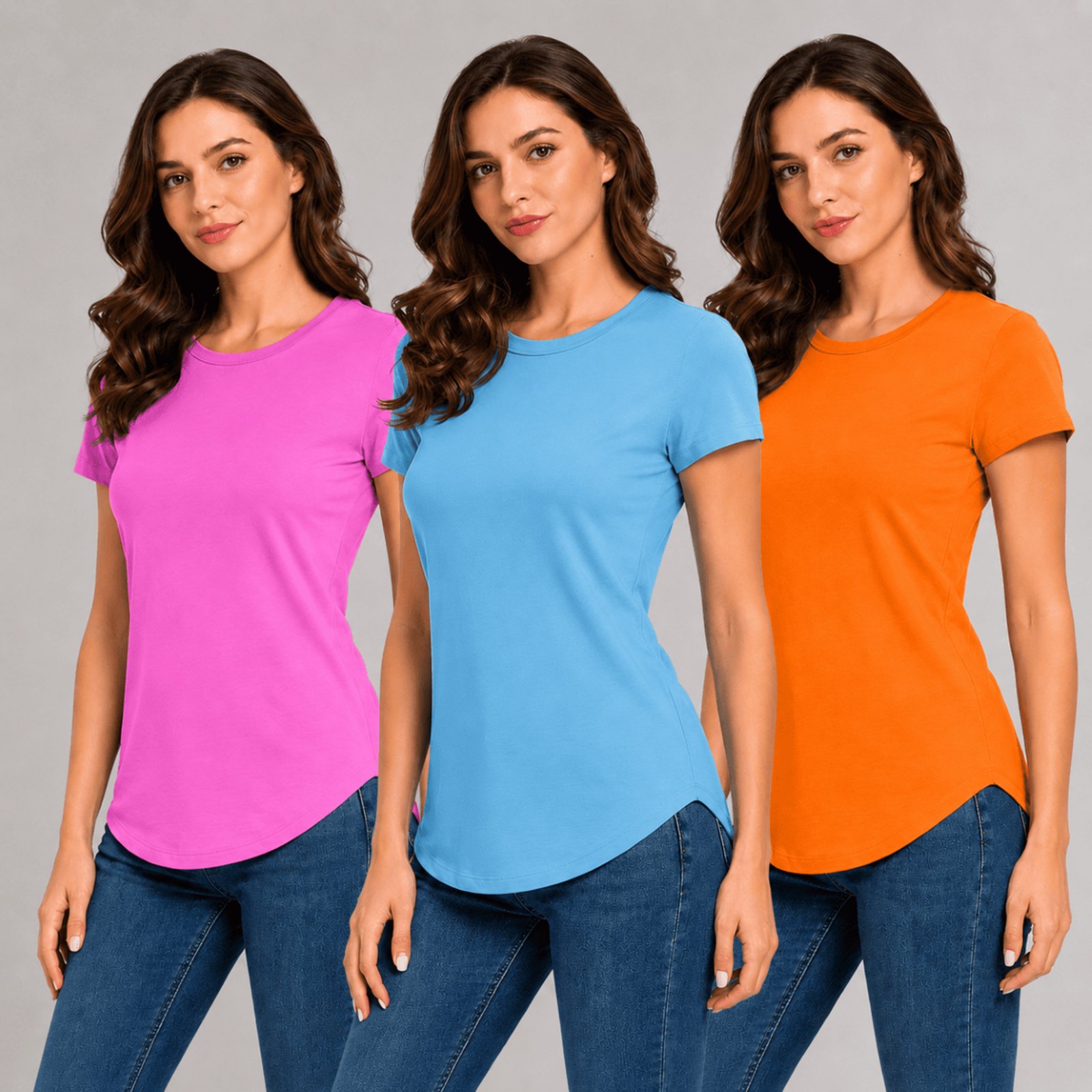Kit Com 3 Camisetas Longtail Feminina Básica Sem Estampa - Azul Celeste/Laranja/Rosa