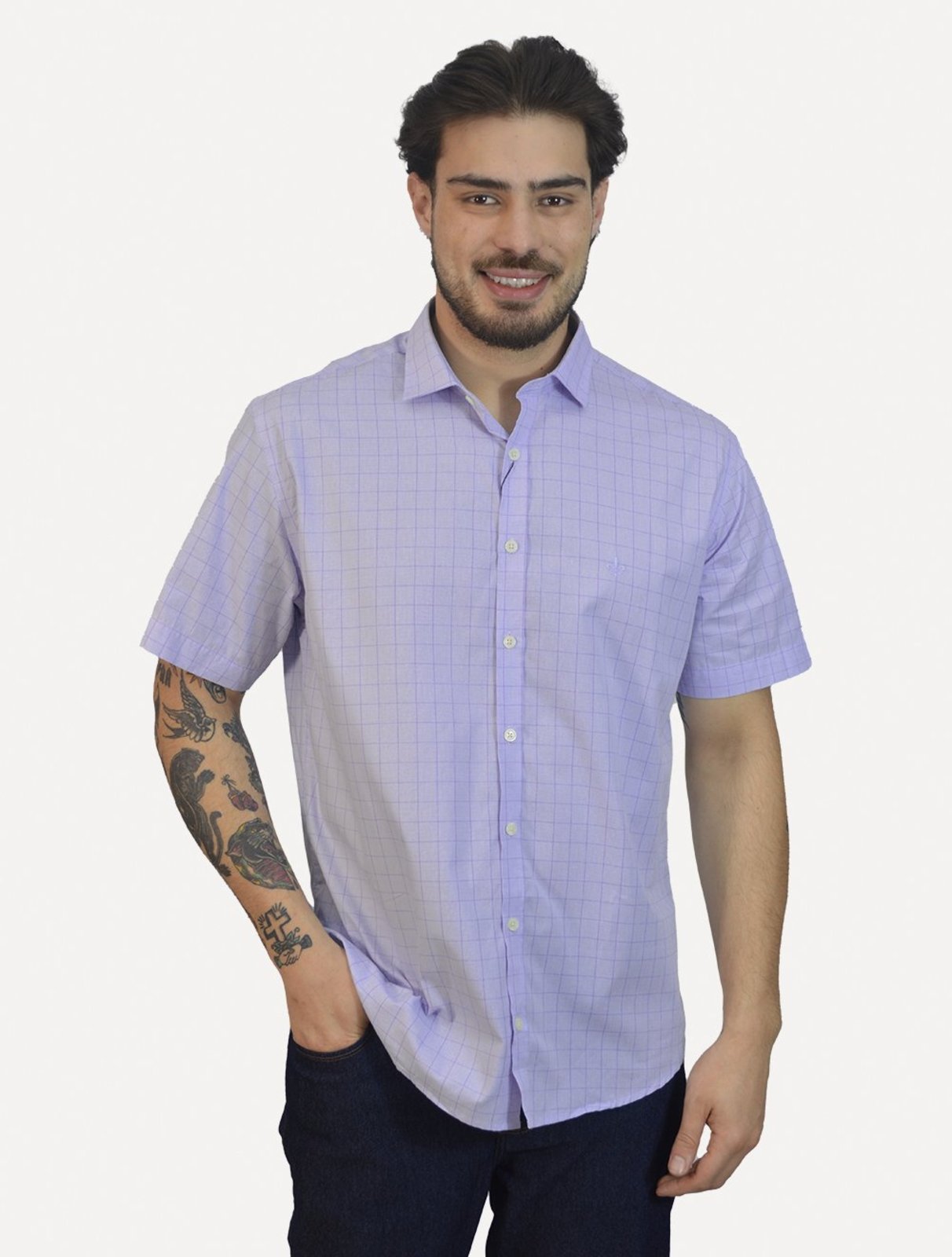 Camisa Dudalina Masculina Manga Curta Confort Superfine Cotton Light Logo Xadrez Azul Claro