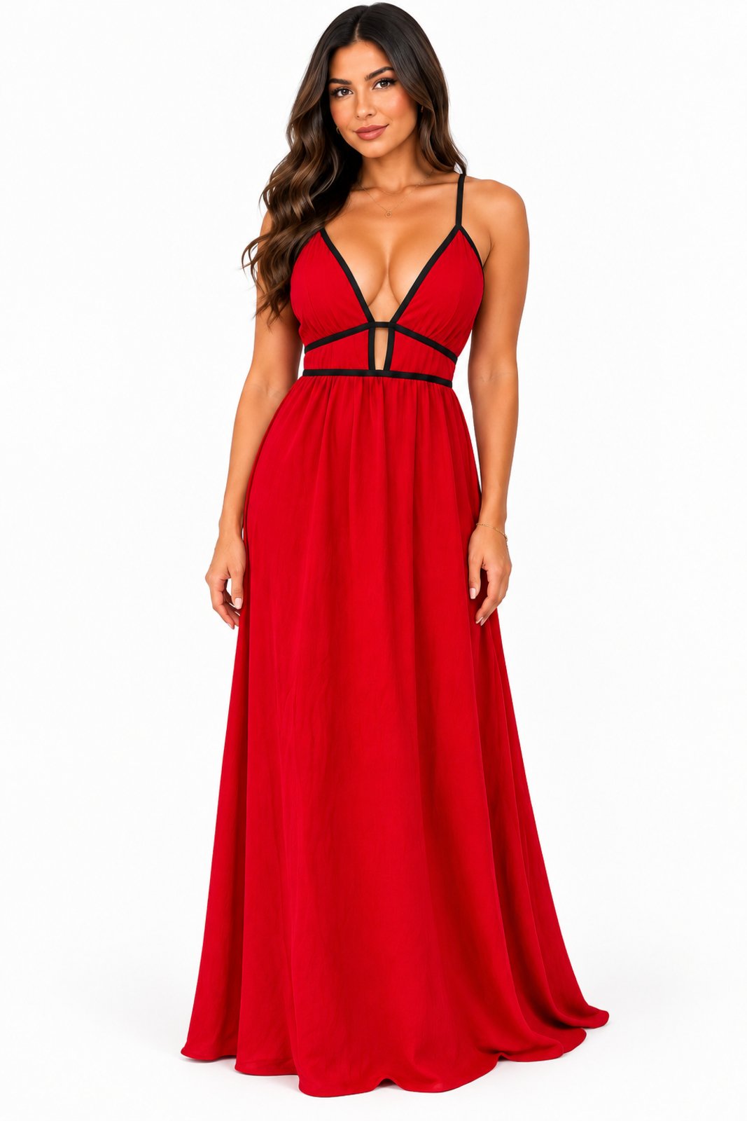 Vestido Longo D Bell Outlet Fashion Viscolinho com Decote em V Vermelho