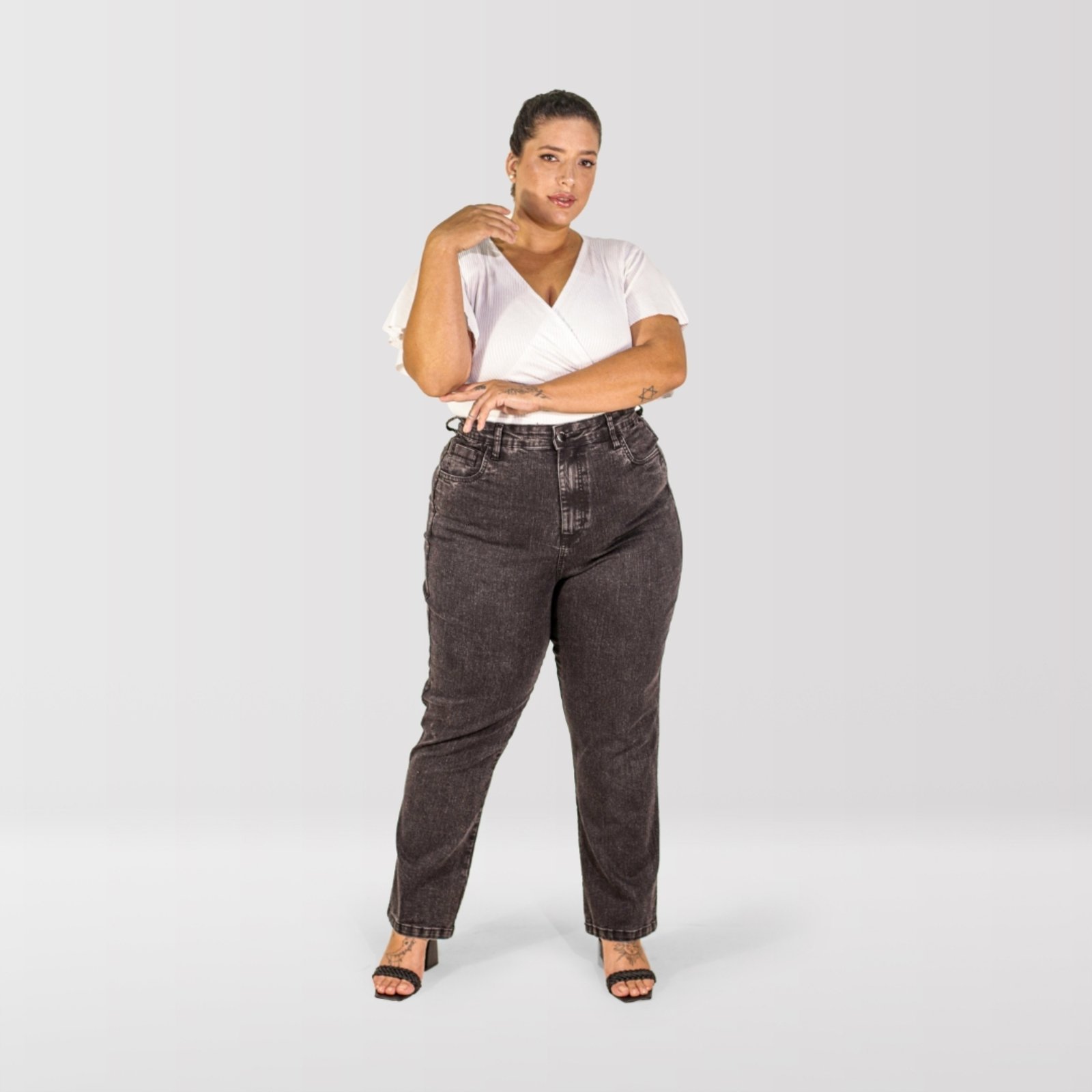 Calça Jeans Feminina Reta Rimale Preta Vintage