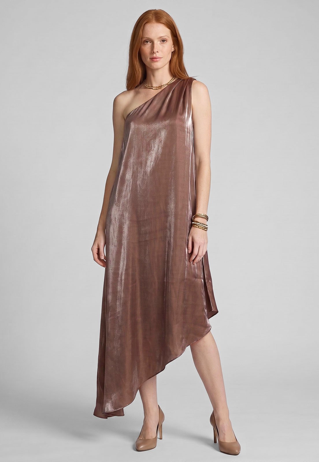 Vestido Feminino Lez a Lez Ombro Único Assimétrico Metalizado Marrom