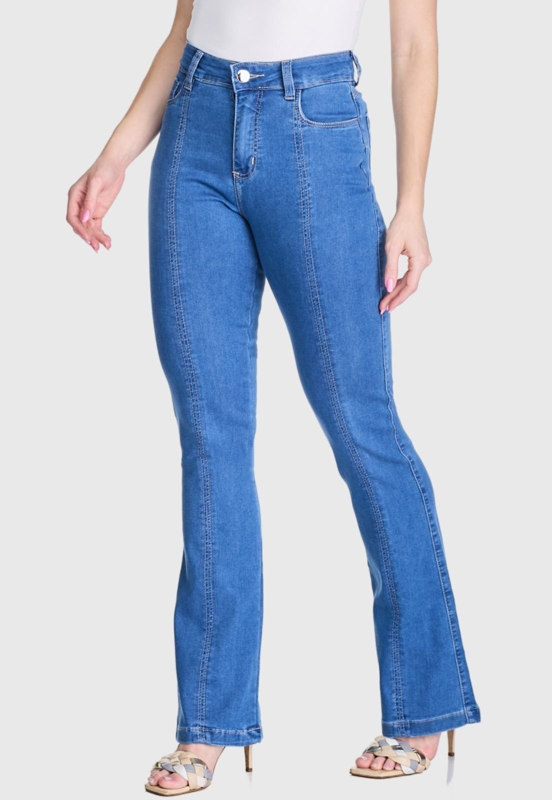 Calça Flare HNO Jeans Boca De Sino Costura Frontal Azul