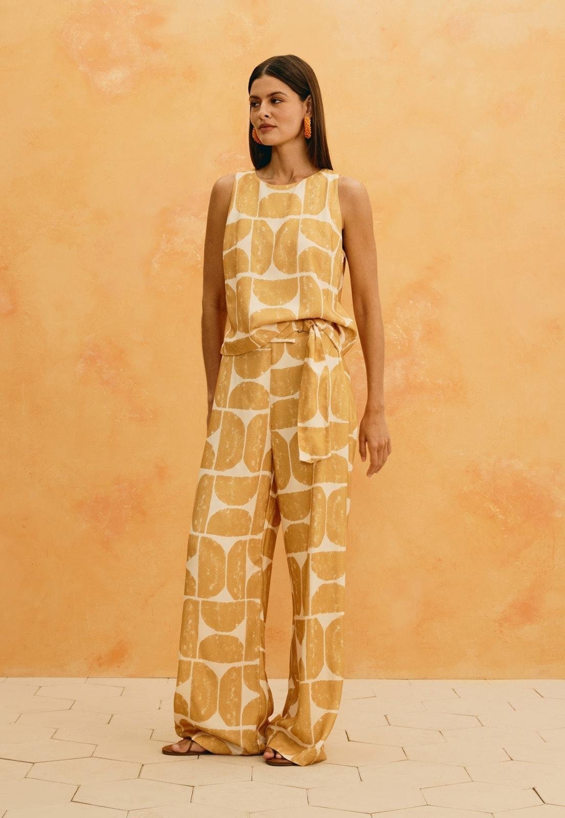 Calça Pantalona Estampada Del Oro Amarelo