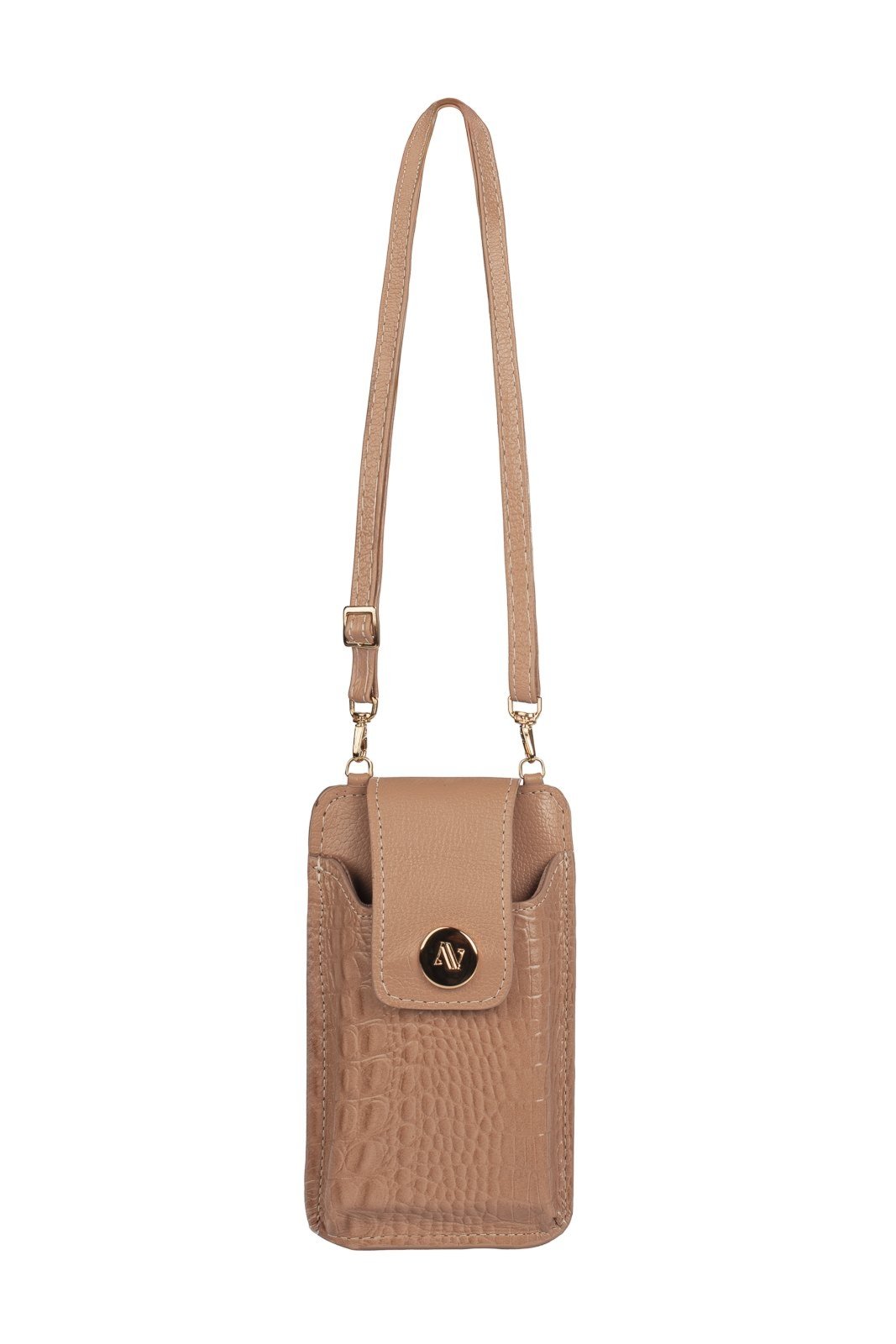 Bolsa porta celular feminina em couro croco Luna - Bege