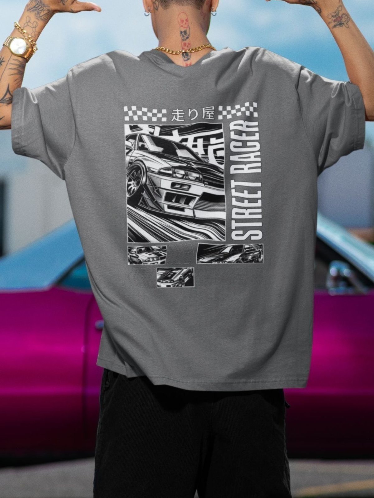 Vista 3 Camiseta Básica Masculina GuGi Street Car Race Chumbo cinza Gugi cinza
