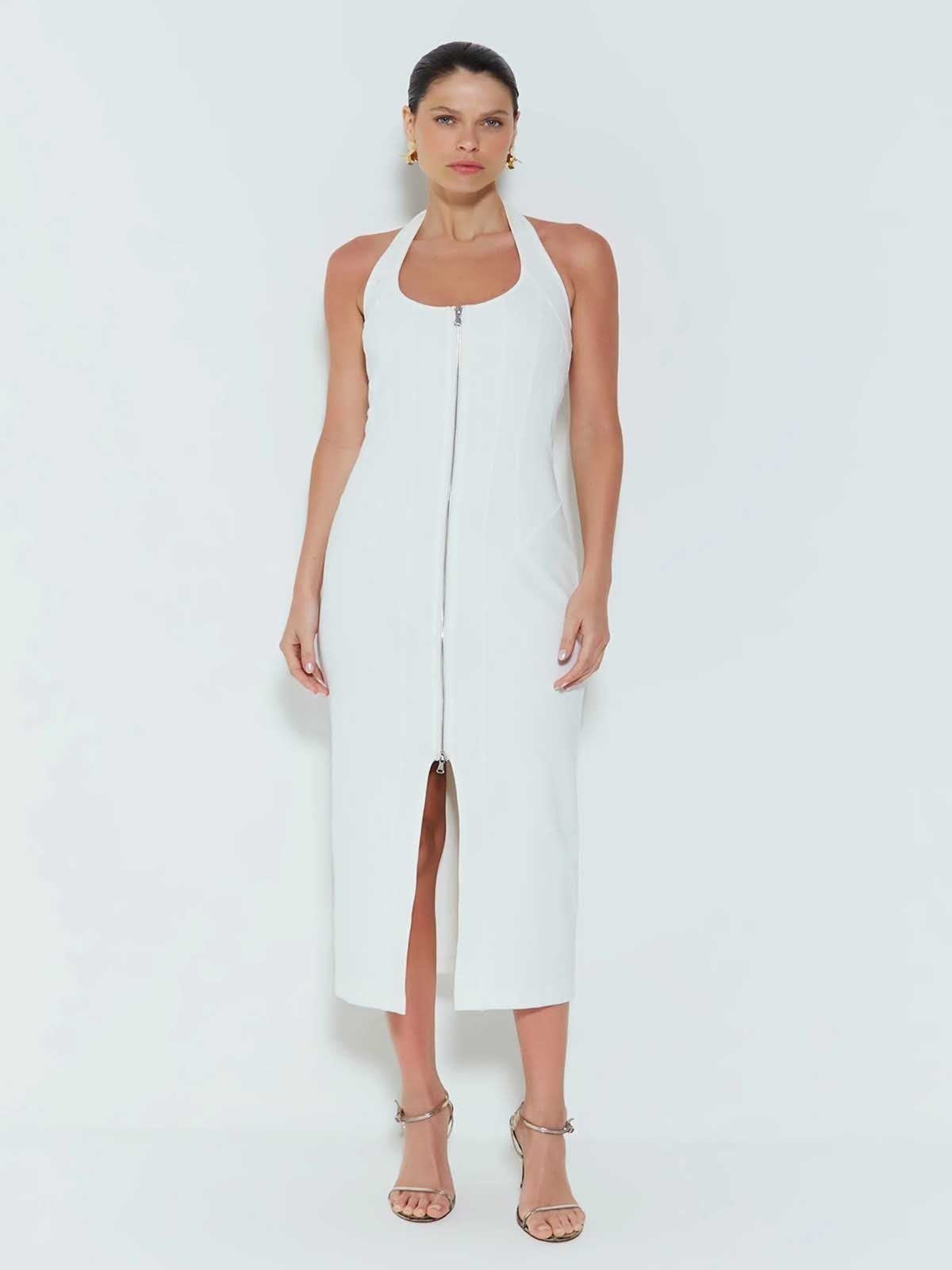 Vestido Midi Zen Frente Ziper Branco