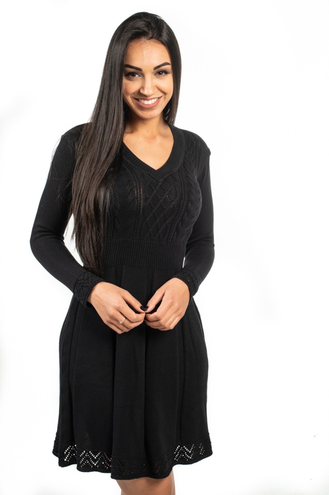 Vestido Tricô Algodão Shirley Malhas Trançado Preto