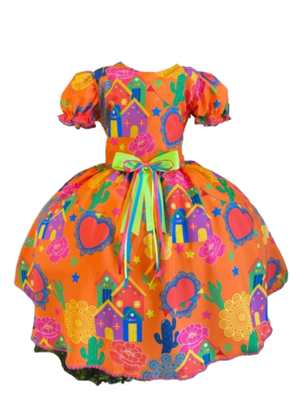 Infantil - Vestido Festa Junina Laranja Coral Estampa Coração Junino Caipira Quadrilha Sinhá São João