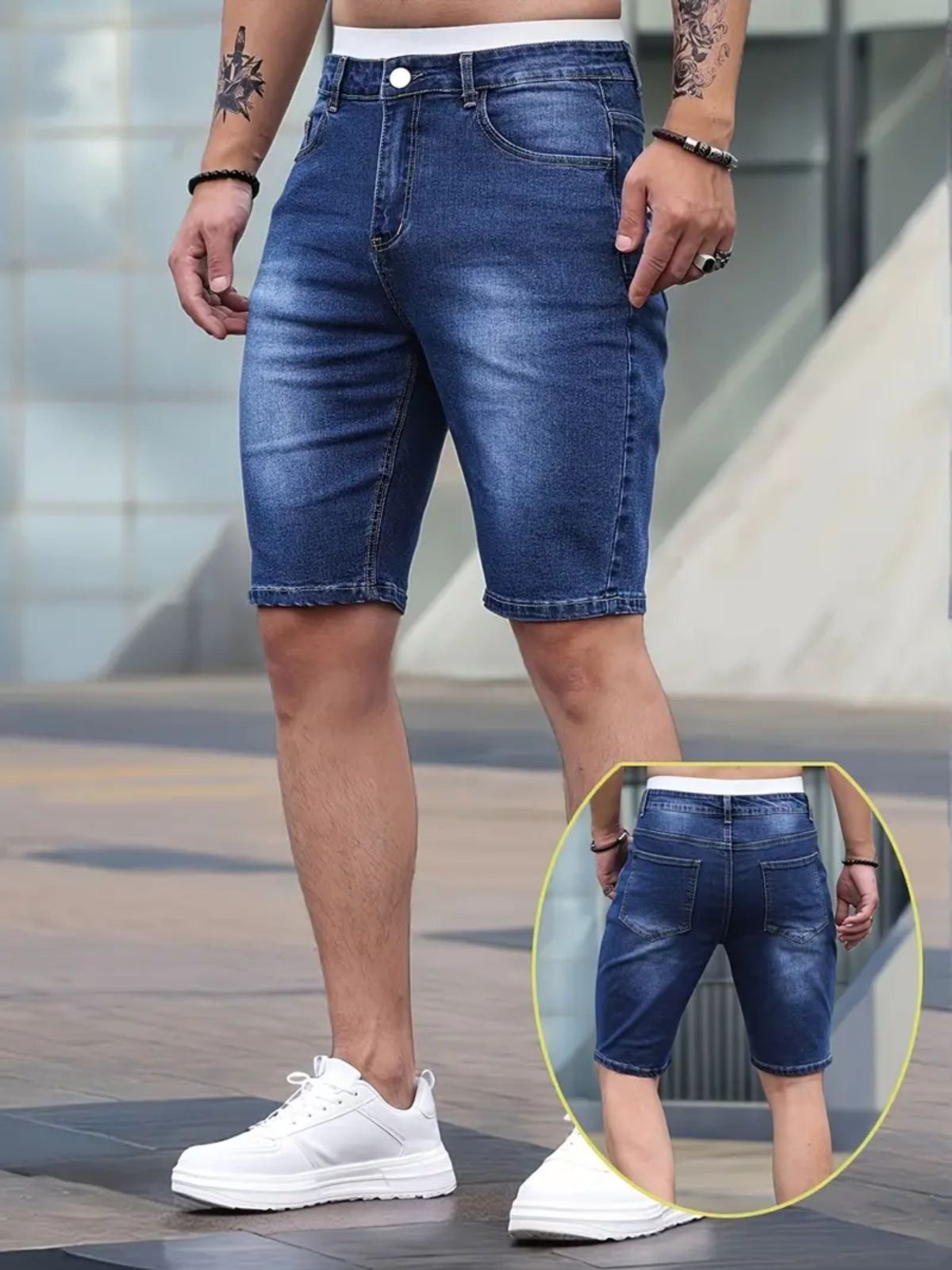 Bermuda Jeans Masculina Kovali Casual Skinny Premium Com Elastano Confortável Style Azul Escuro