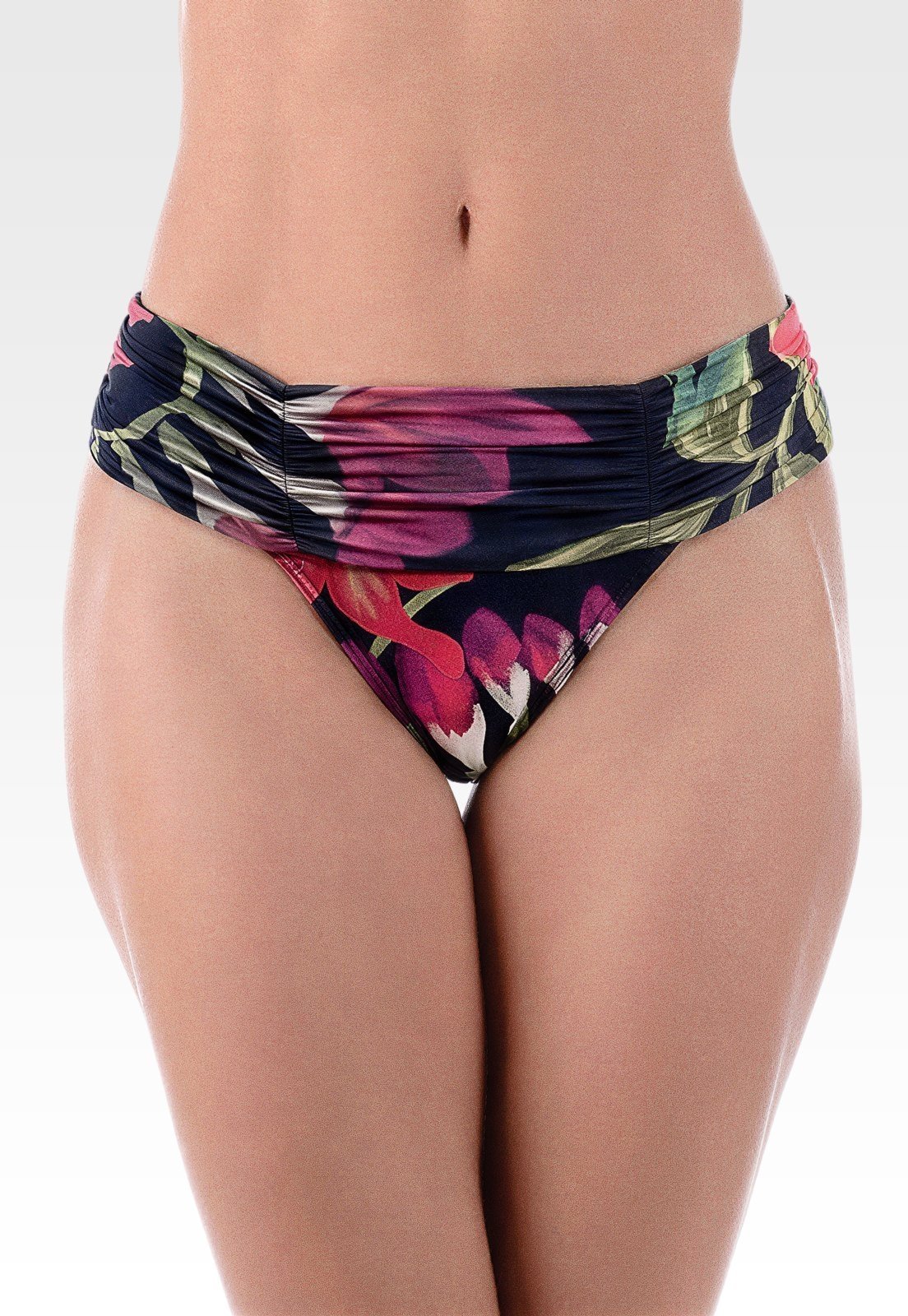 Calcinha Summer Soul Cintura Baixa Cós Largo Franzido Floral Preto