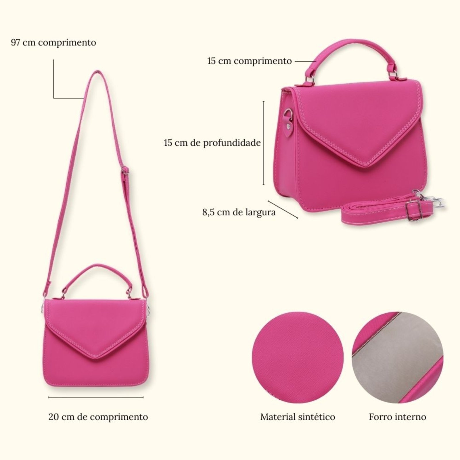 Vista 3 Bolsa Feminina Com Alça Removivel Transversal Pequena Tira Colo Sair Trabalhar Dia a Dia 8190 branco branco