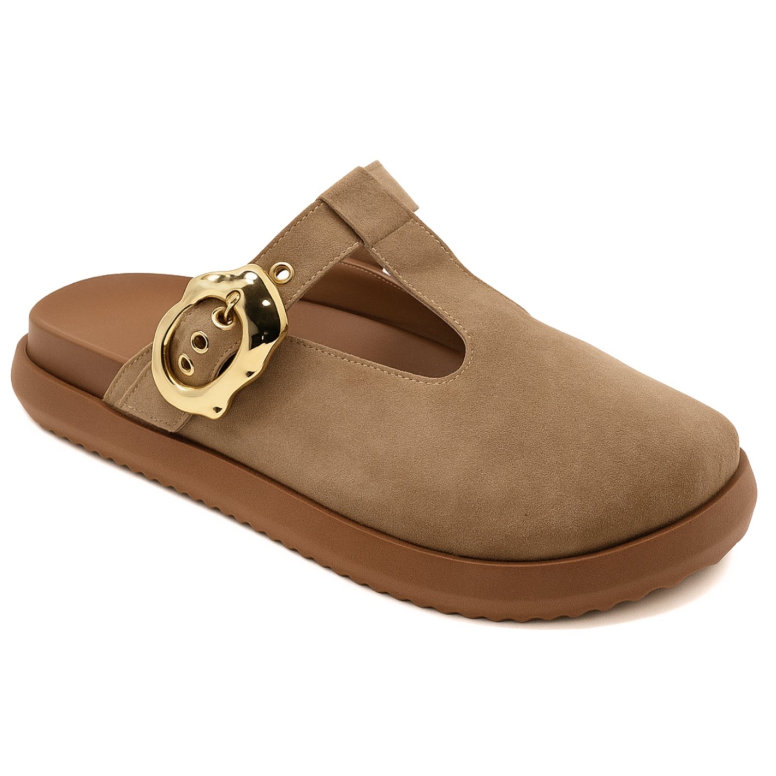 Clog Sabot Feminino Papete Conforto Com Fivela Camurça Areia 008