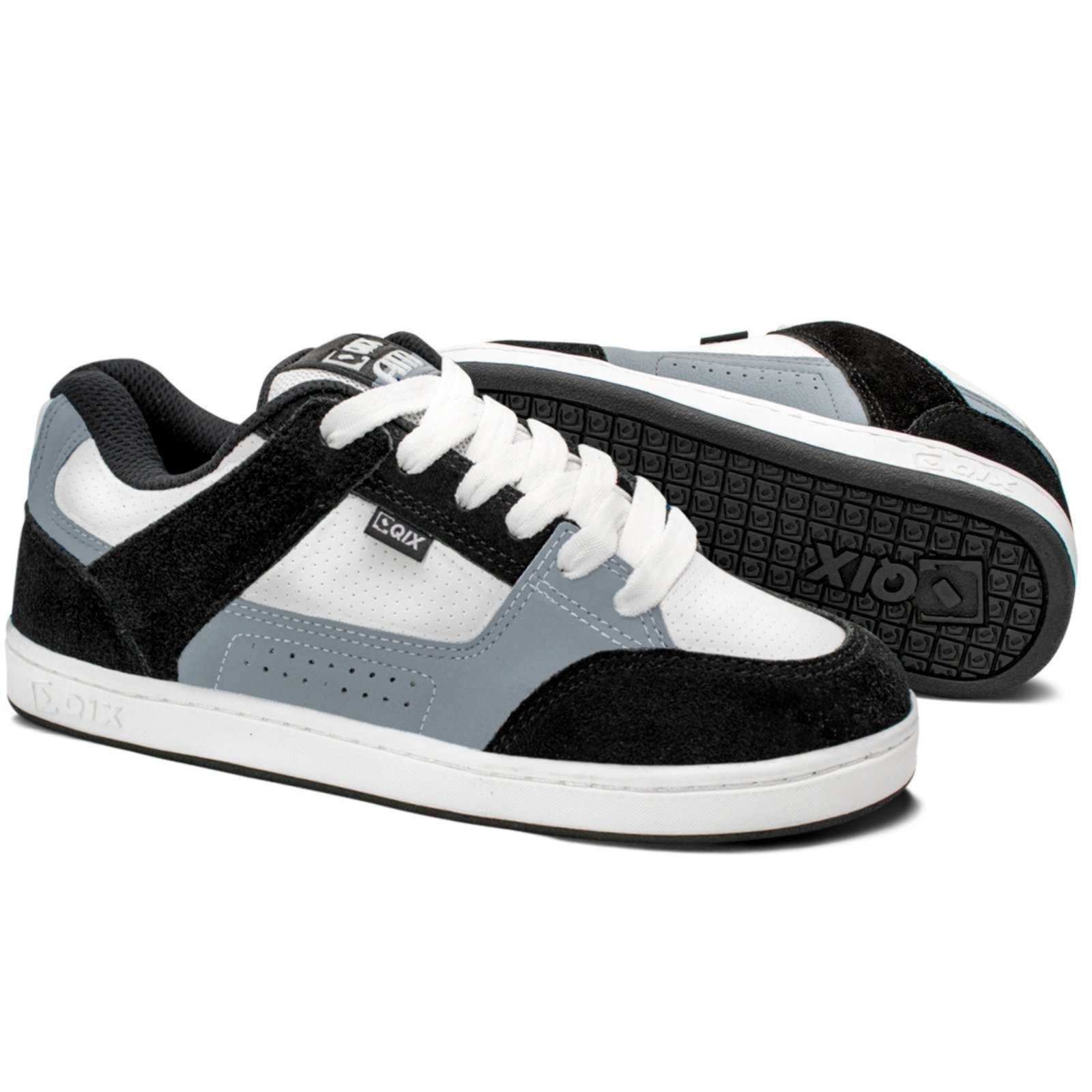 Vista 3 Tênis Qix Skate Retrô AM Cinza Branco preto Qix preto