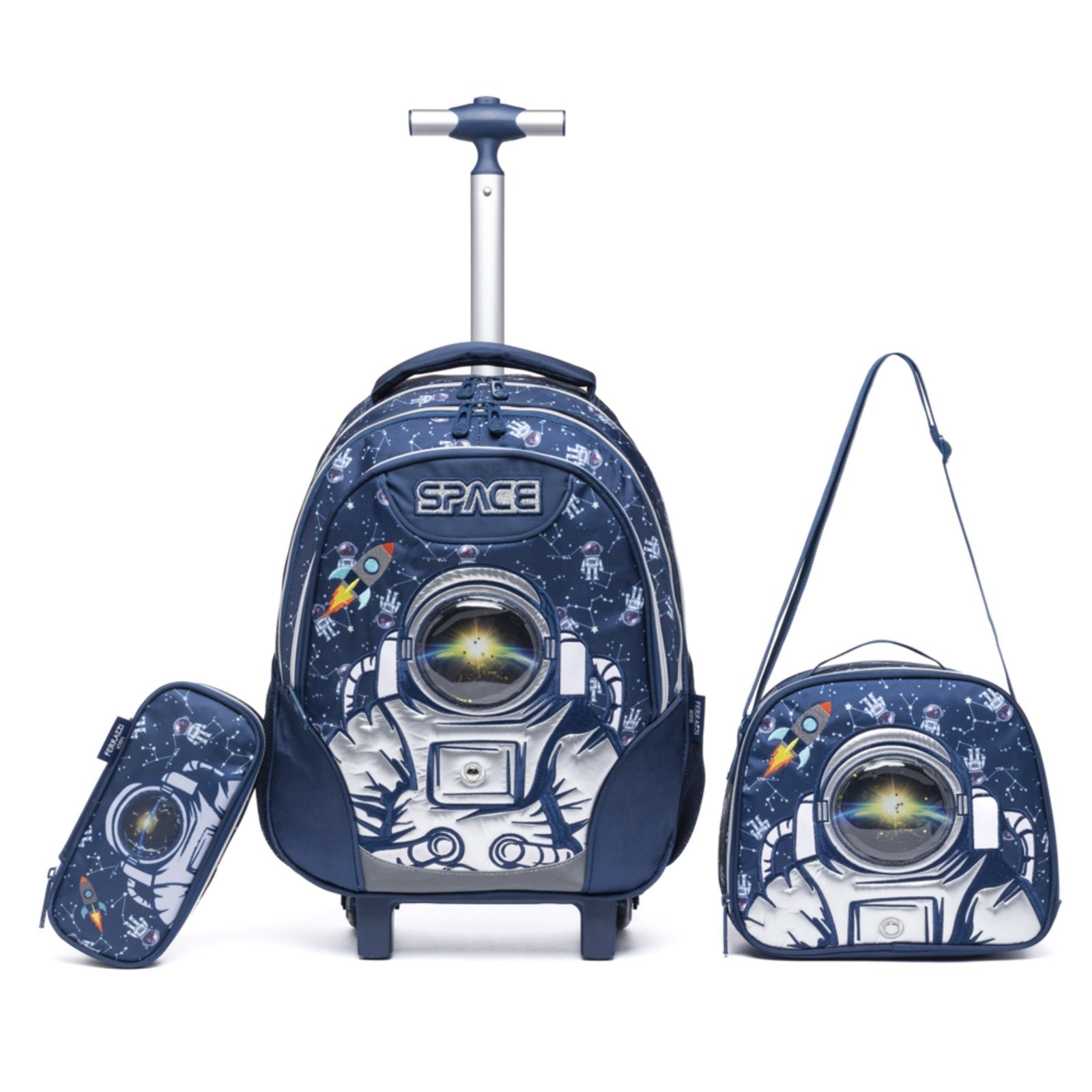 Vista 2 Infantil - Kit Mochila De Rodinhas Lancheira Térmica Estojo Escolar Masculino Escuro Ferrazzi azul Ferrazzi azul