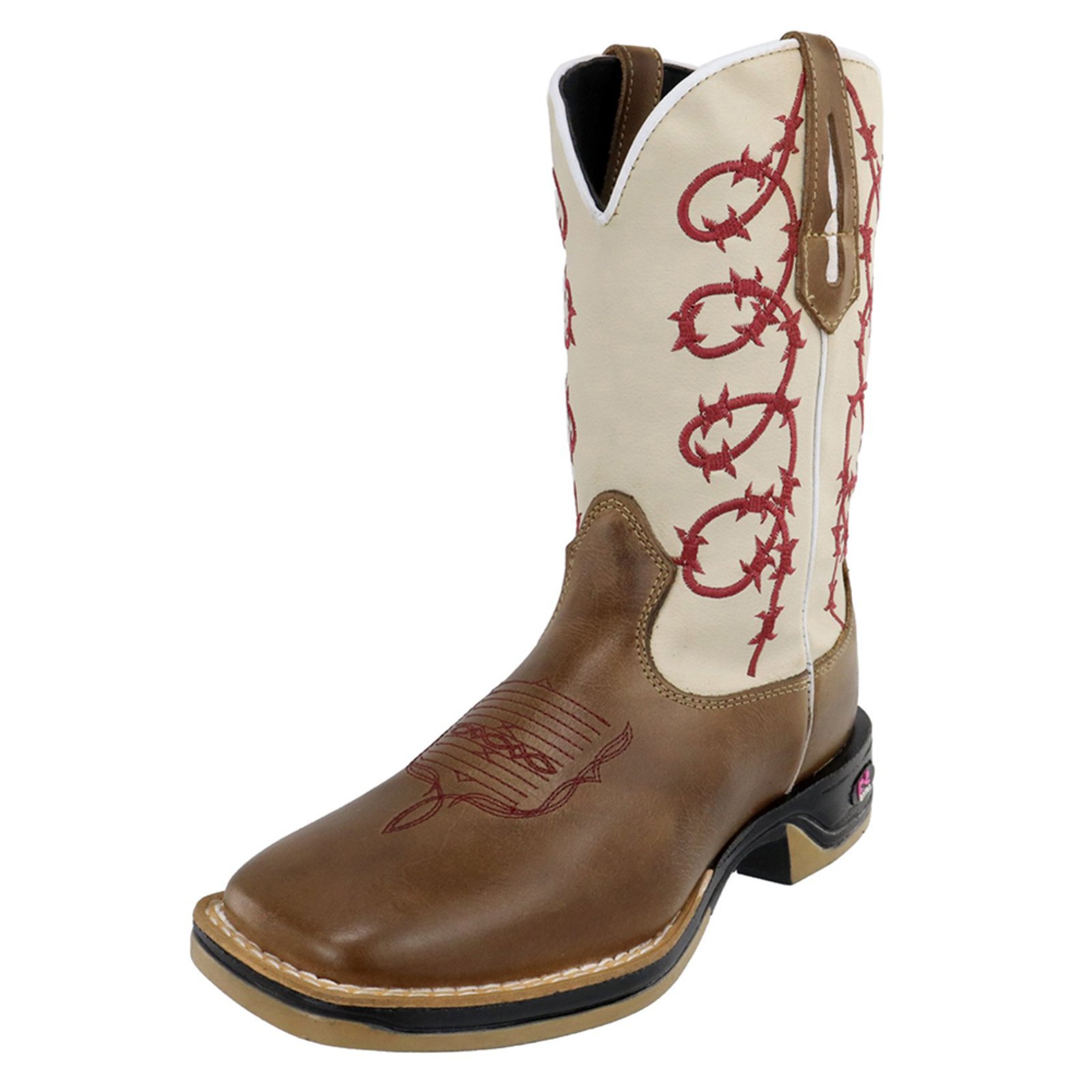 Bota Feminina RR Botas Texana Country Couro Bordado Arame Bico Quadrado Confortável Marrom