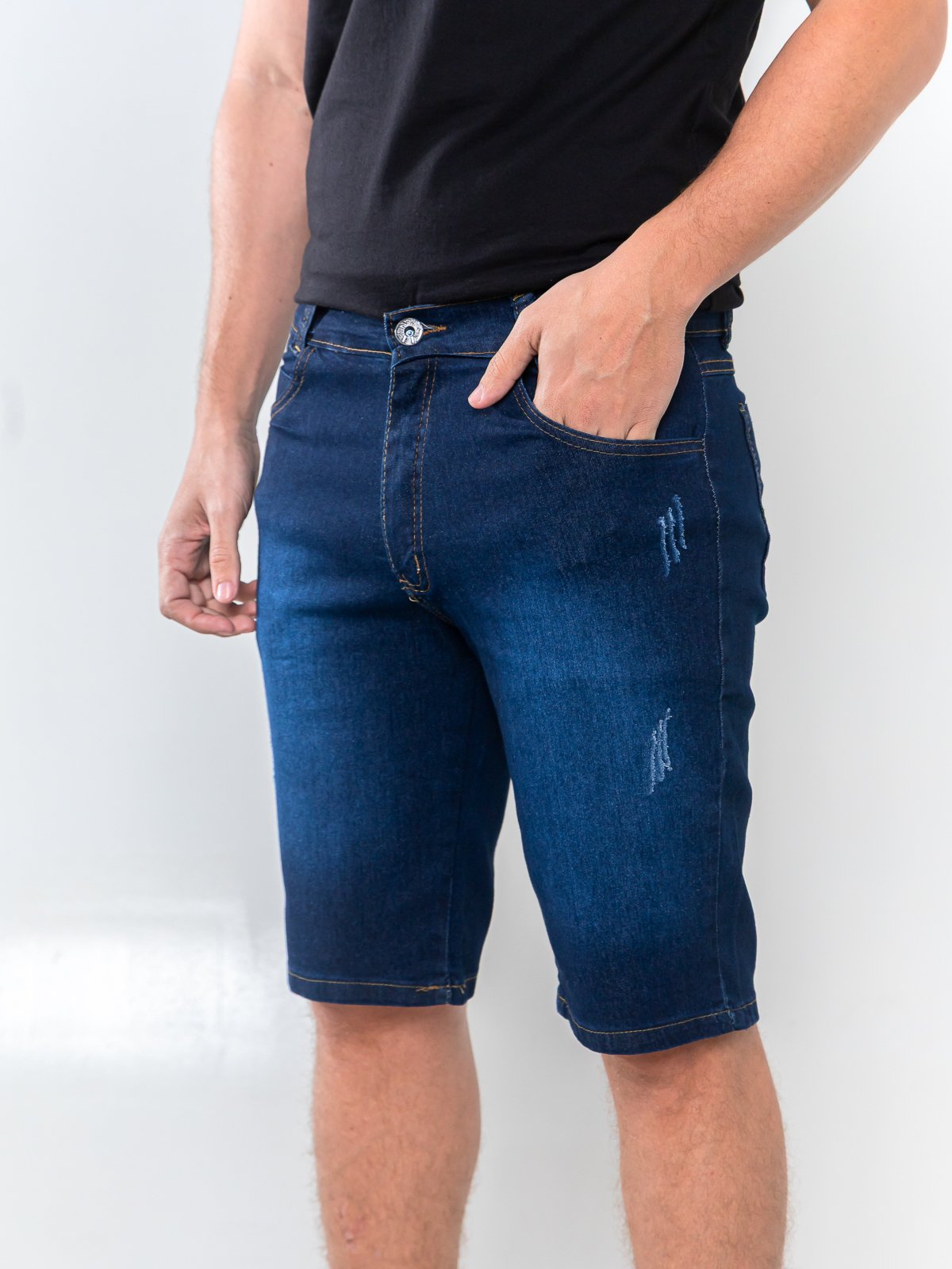 Bermuda Jeans Puidos Masculina Escura Kovali Basica e Confortavel