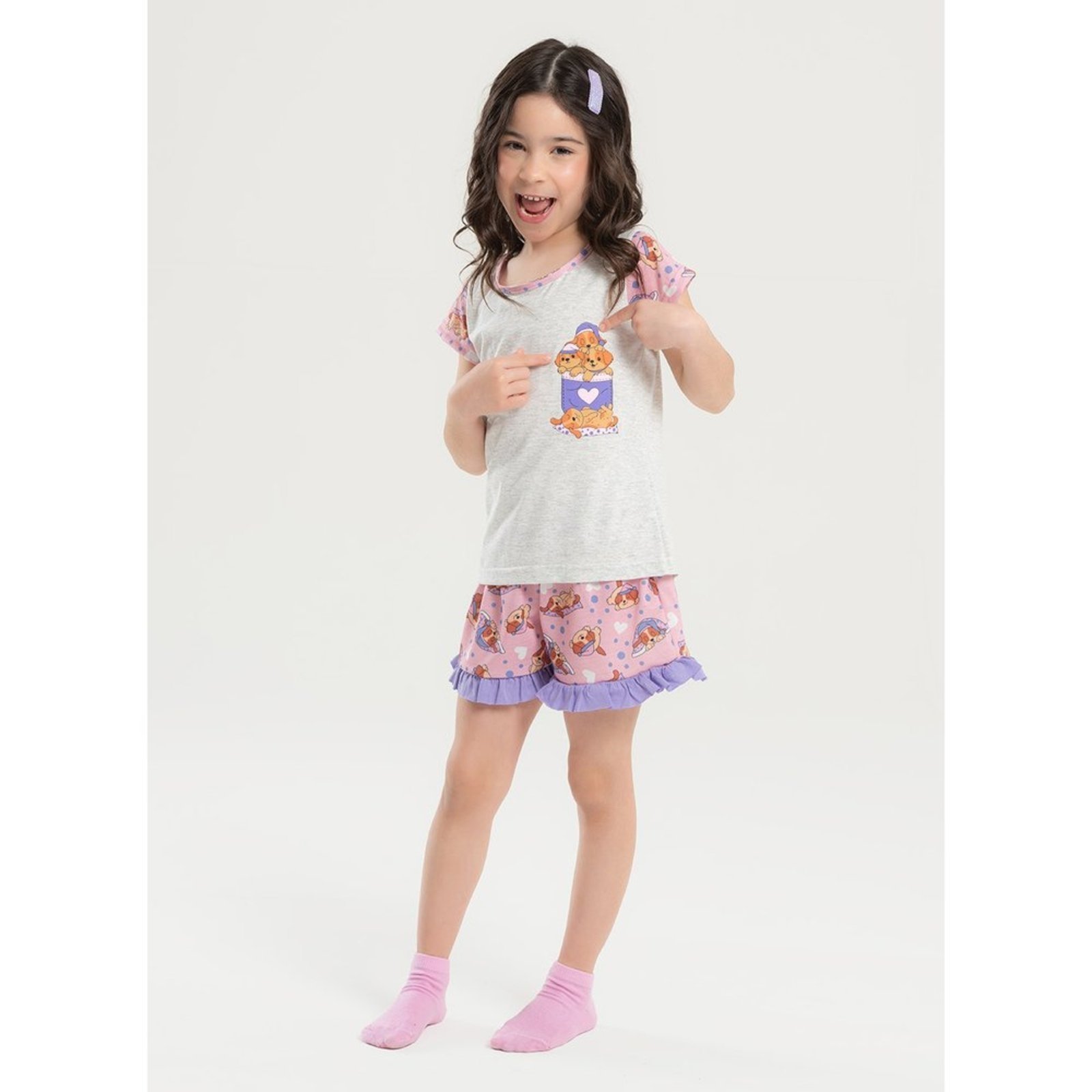 Pijama Verão Menina Mescla Blusa e Shorts com Babado Cachorrinhos