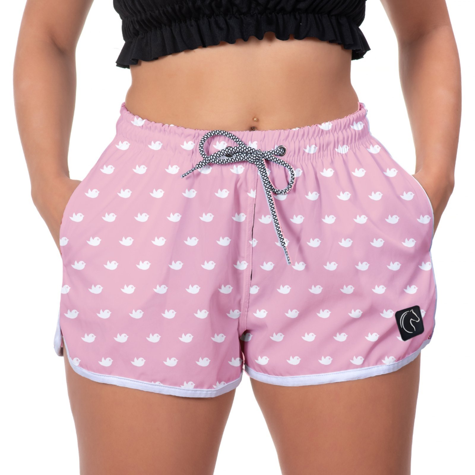 Short Feminino W2 Premium com Elástico e Cordão Ajustável Bolsos Laterais e Secagem Rápida Casual Praia ou Academia Passarinhos Rosa