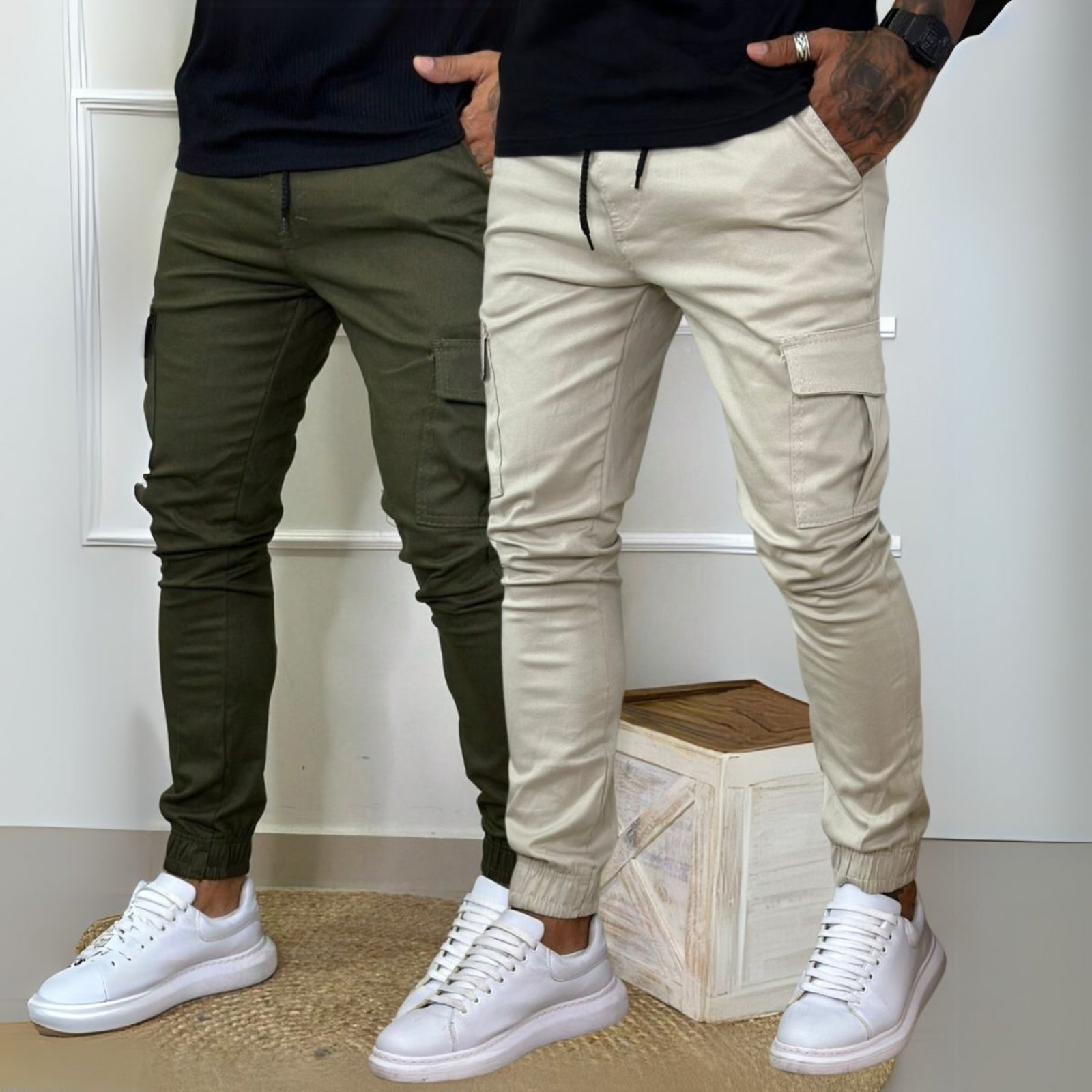 Kit 2 Calça Jogger Cargo Masculina Verde e Off White Linha Premium 100% Algodão