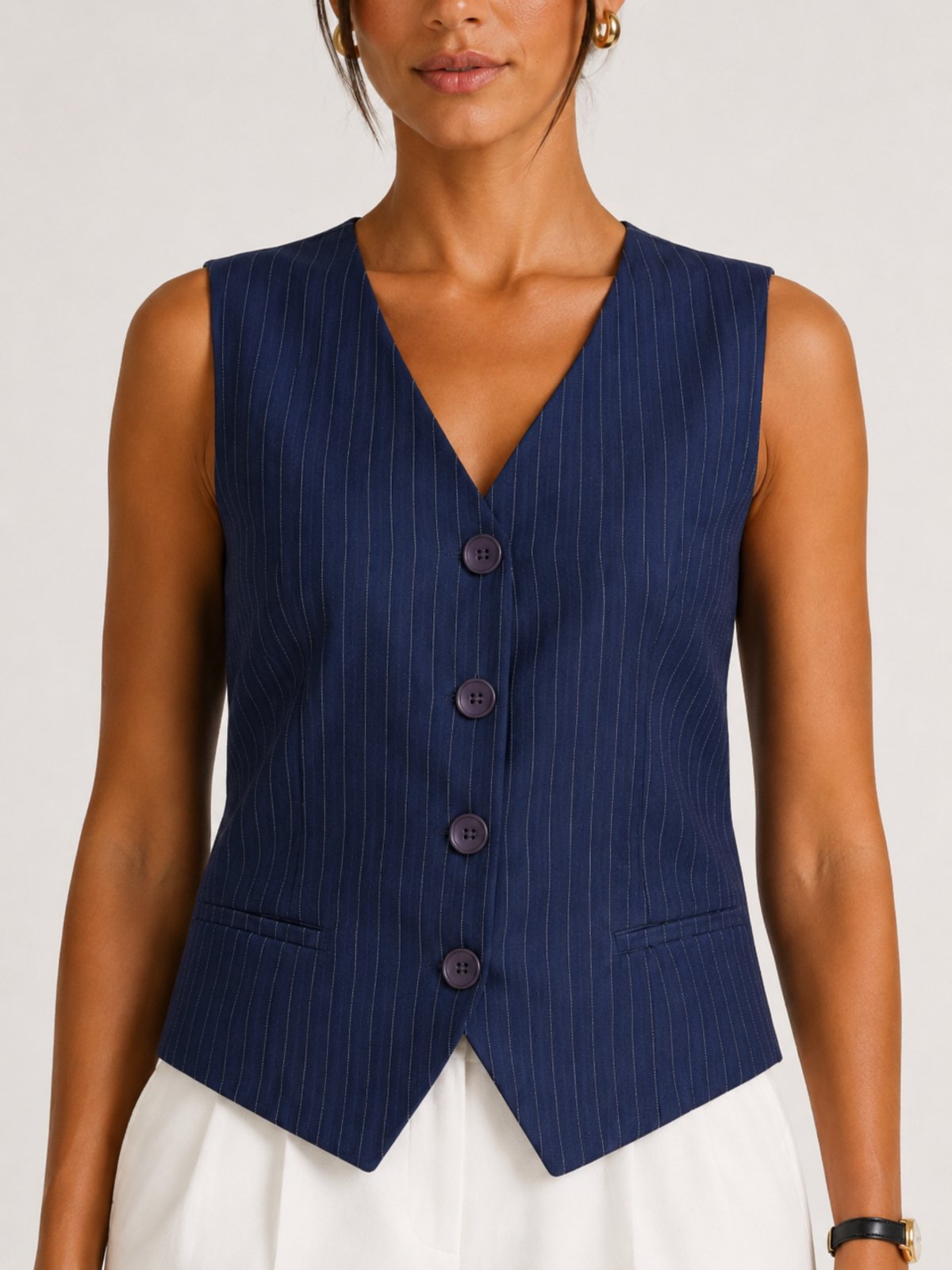 Colete Feminino Risca de Giz Lapetry Alfaiataria com Bolso Falso Azul Marinho