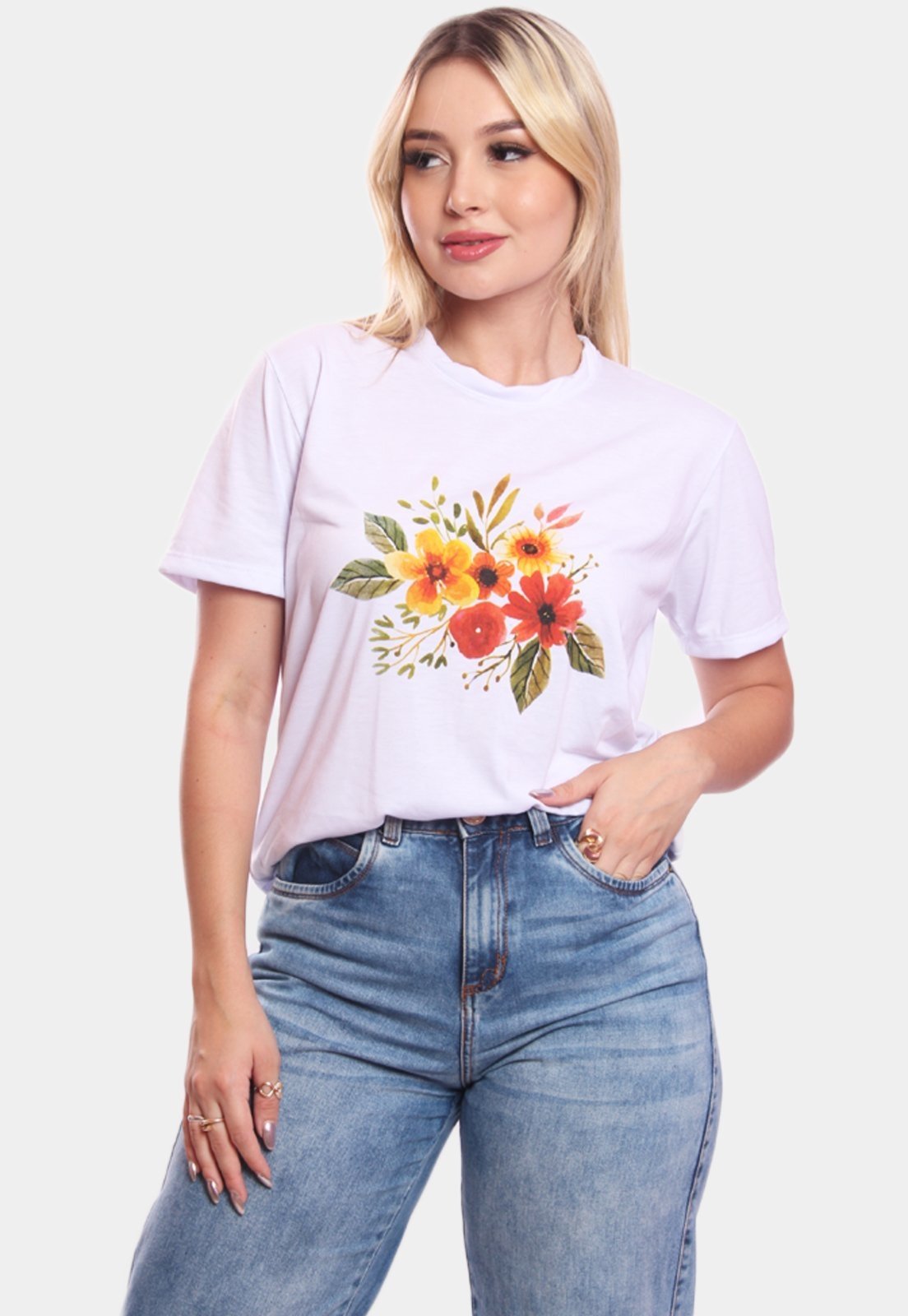 Tshirt Blusa Feminina Ramo de Flores Estampada Manga Curta Camiseta Camisa Branco