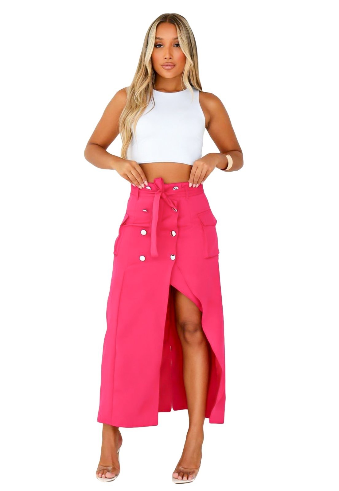 Saia Midi YWC ind Alfaiataria Cargo Cós Alto Detalhe Bolso Com Botões frontais Pink