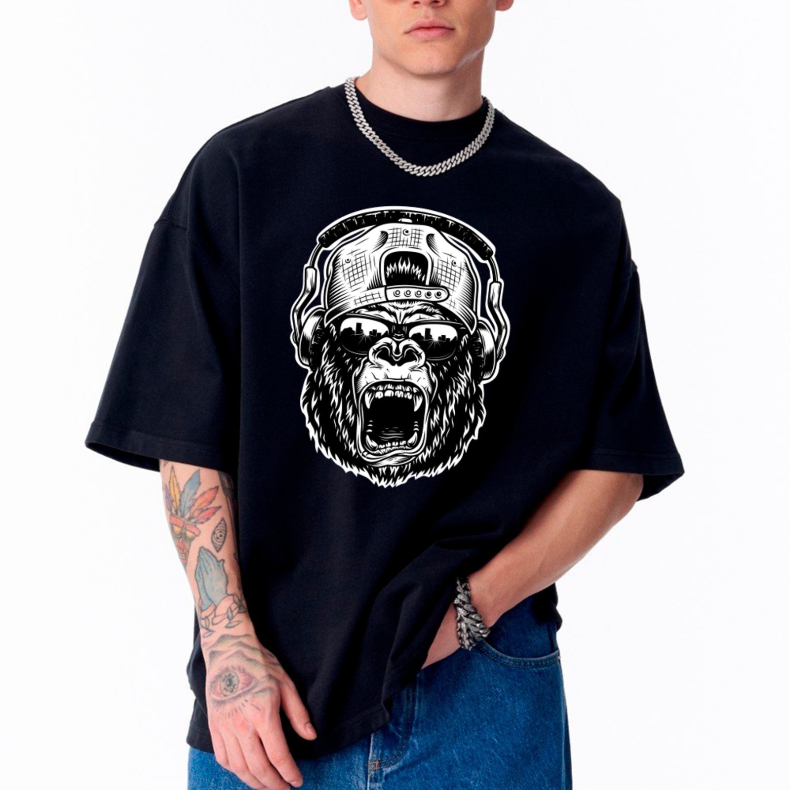 Vista 2 Camiseta Ousy Unissex Streetwear Gorila Arte Exclusiva Premium Oversized preto ousy preto