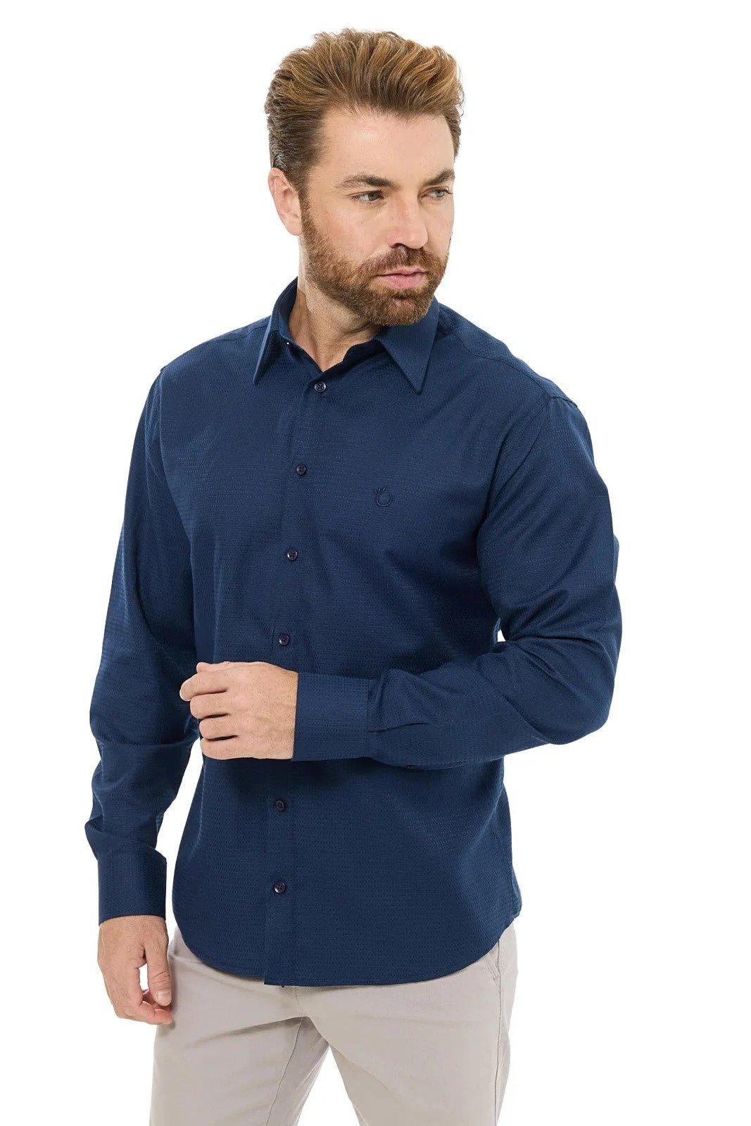 Camisa Social Masculina Olimpo Clássica Maquinetada Azul Marinho