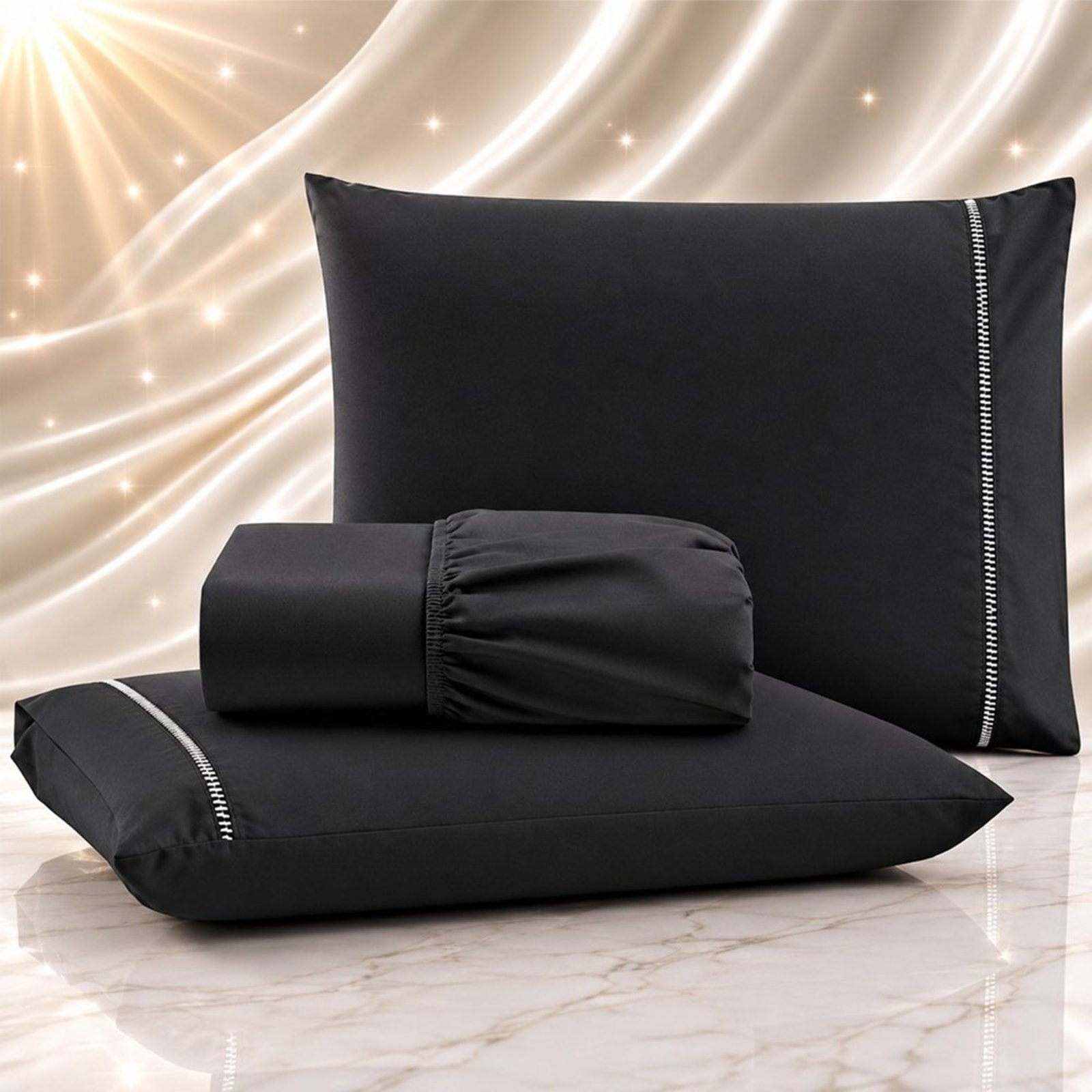 Jogo de Cama Lençol Quality Queen Micropercal 600 fios Macio 3 Peças - Preto