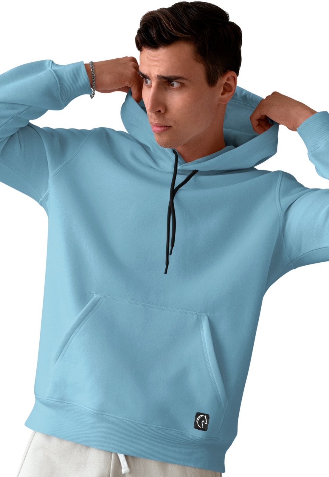 Blusa De Frio Masculina W2 Moletom Liso Com Capuz e Bolso Canguru Felpado Azul
