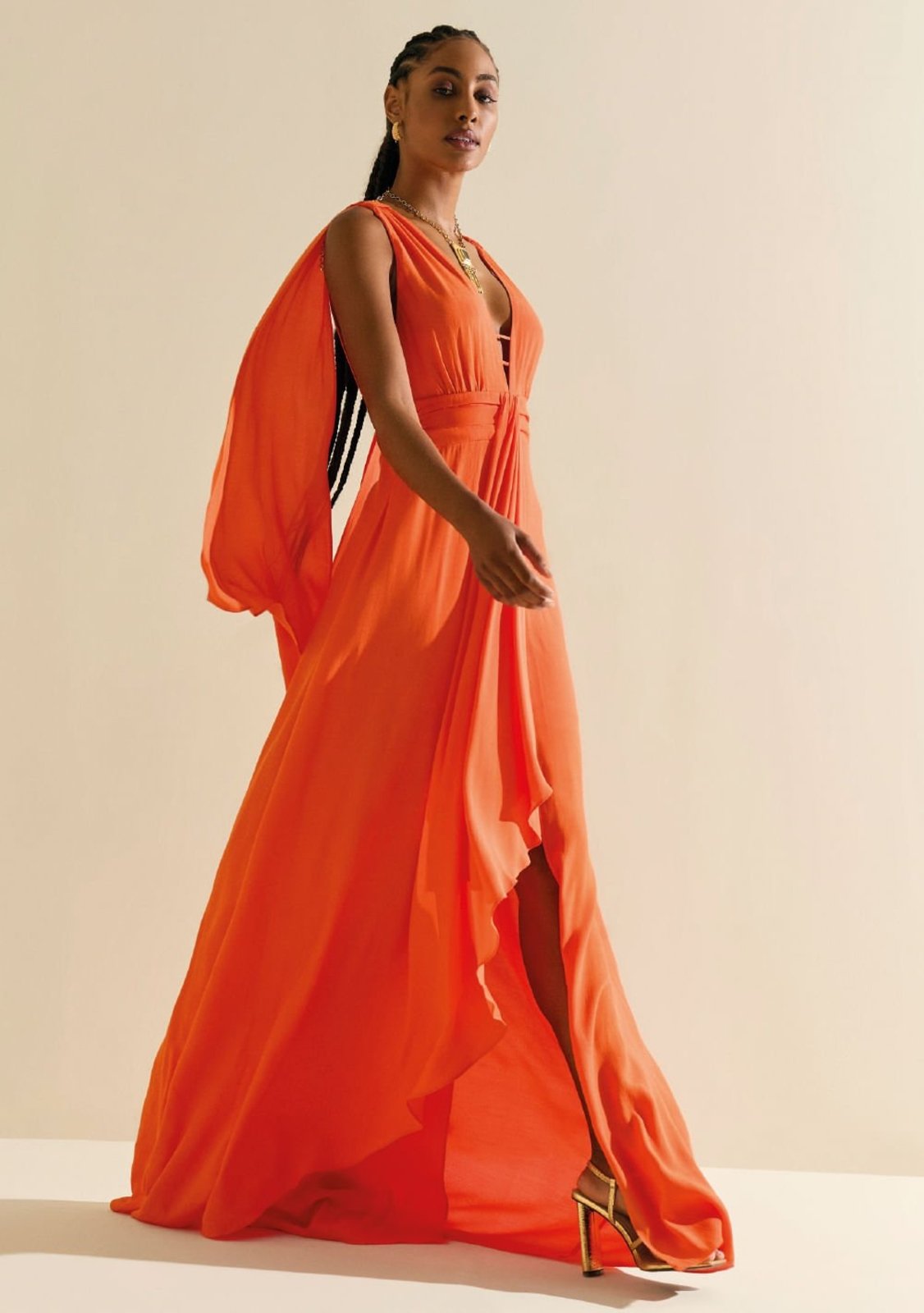Vestido Morena Rosa Solto Decote V Sem Manga Longo Laranja
