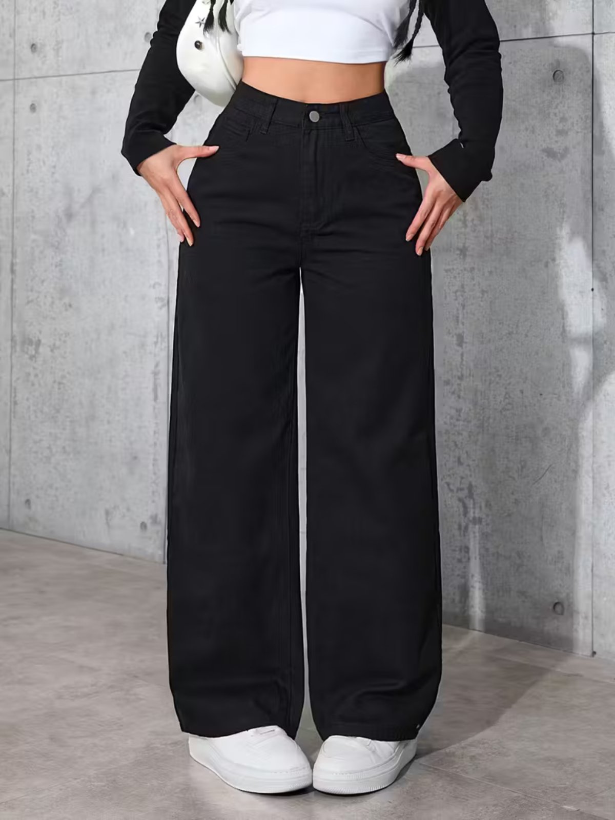 Calça Widleg Feminina Jeans Alpha Street Wear Estilo Gringa Fashion e Confortavel Preto
